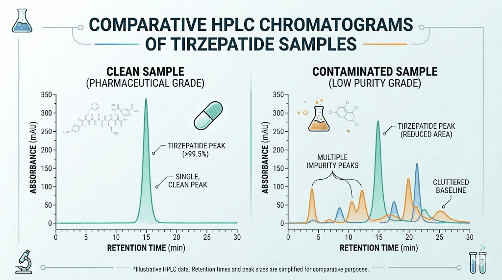 HPLC chromatogram comparing pure tirzepatide versus impure sample