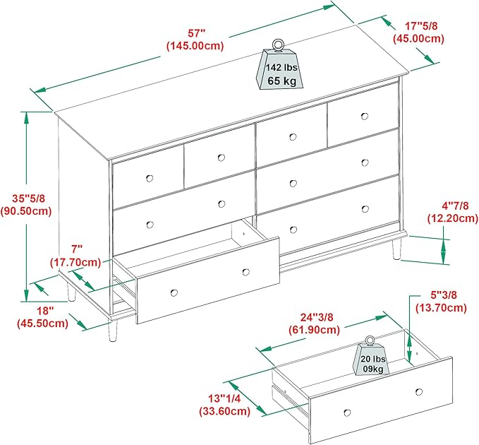 Elegant 57 inch dresser with ample storage space and a timeless design.