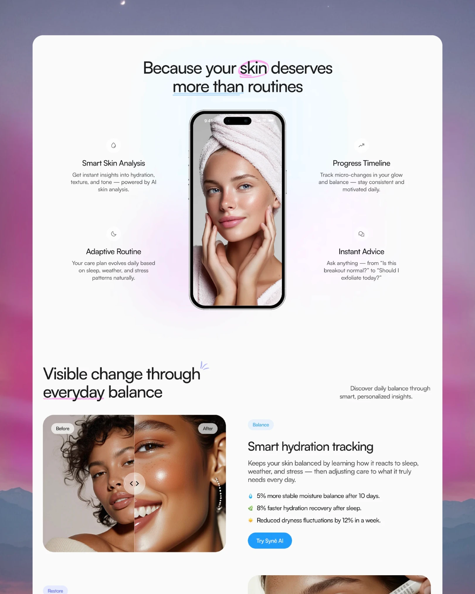 SYNÉ features section showing smart skin analysis, adaptive routine and hydration tracking — UI design by Luna UI design studio