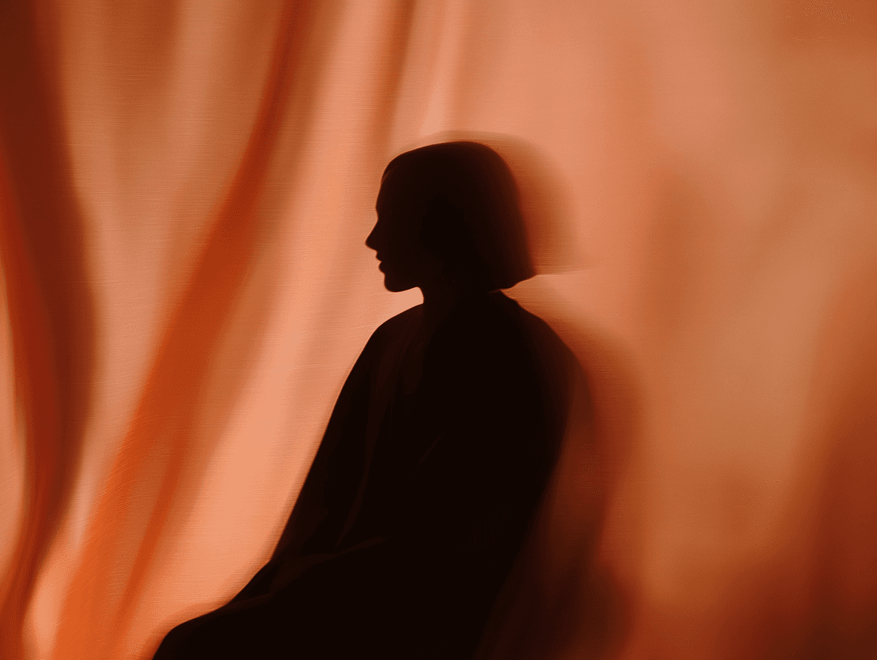 Silhouette of a woman against a dark brown silk background.