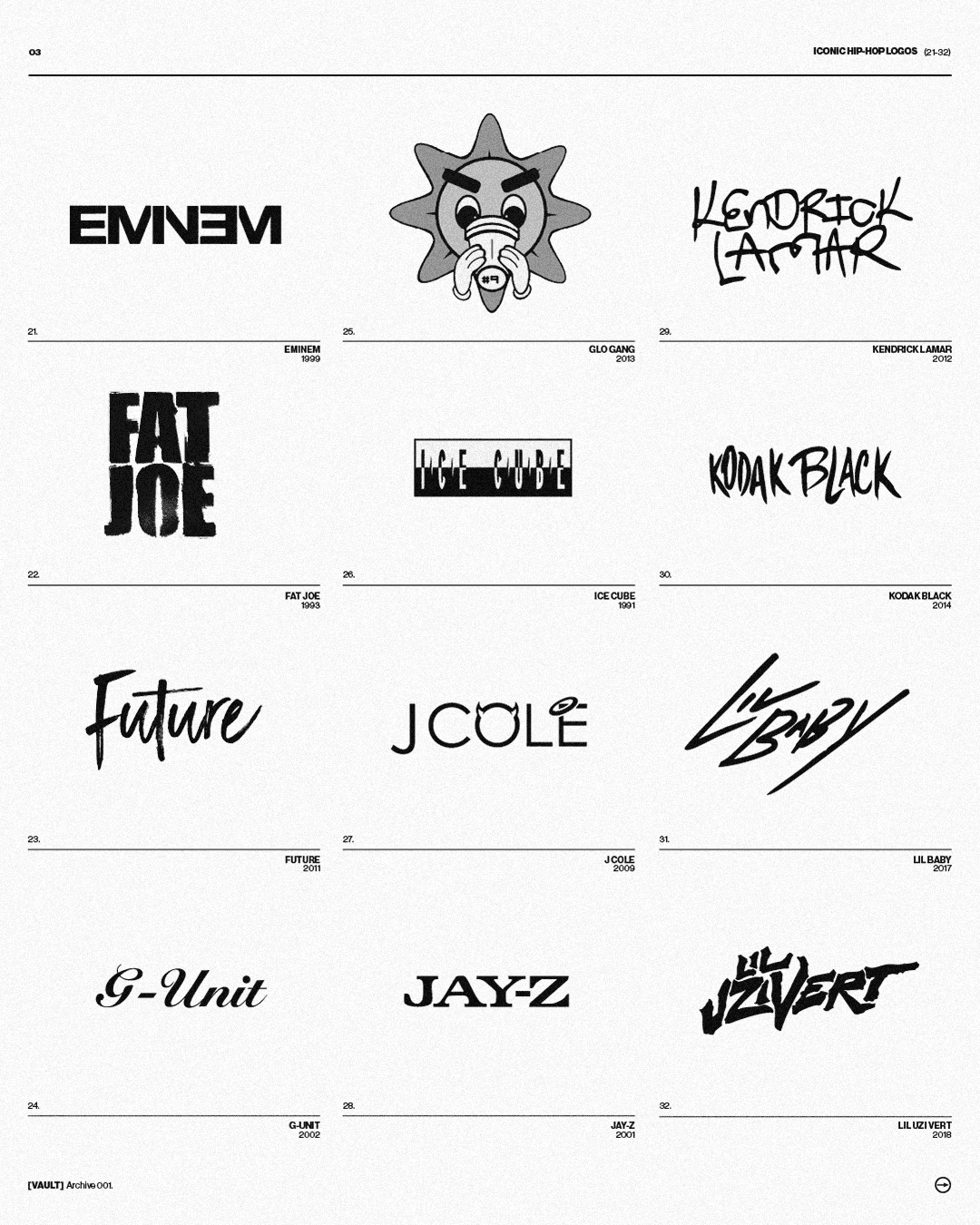 A design archive sheet titled 'ICONIC HIP-HOP LOGOS (21-32)' from VAULT Archive 001. The grid features twelve black and white logos for artists including Eminem, Kendrick Lamar, JAY-Z, and Lil Uzi Vert, showcasing a mix of clean typography, expressive scripts, and illustrative branding.