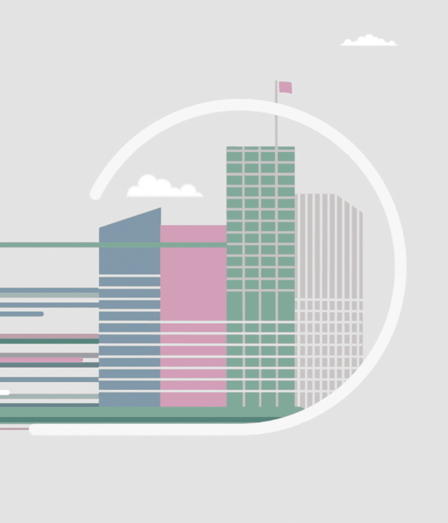 Minimalist city skyline with animated bars and data lines visualizing unified communications technology for Verizon One Talk explainer video.
