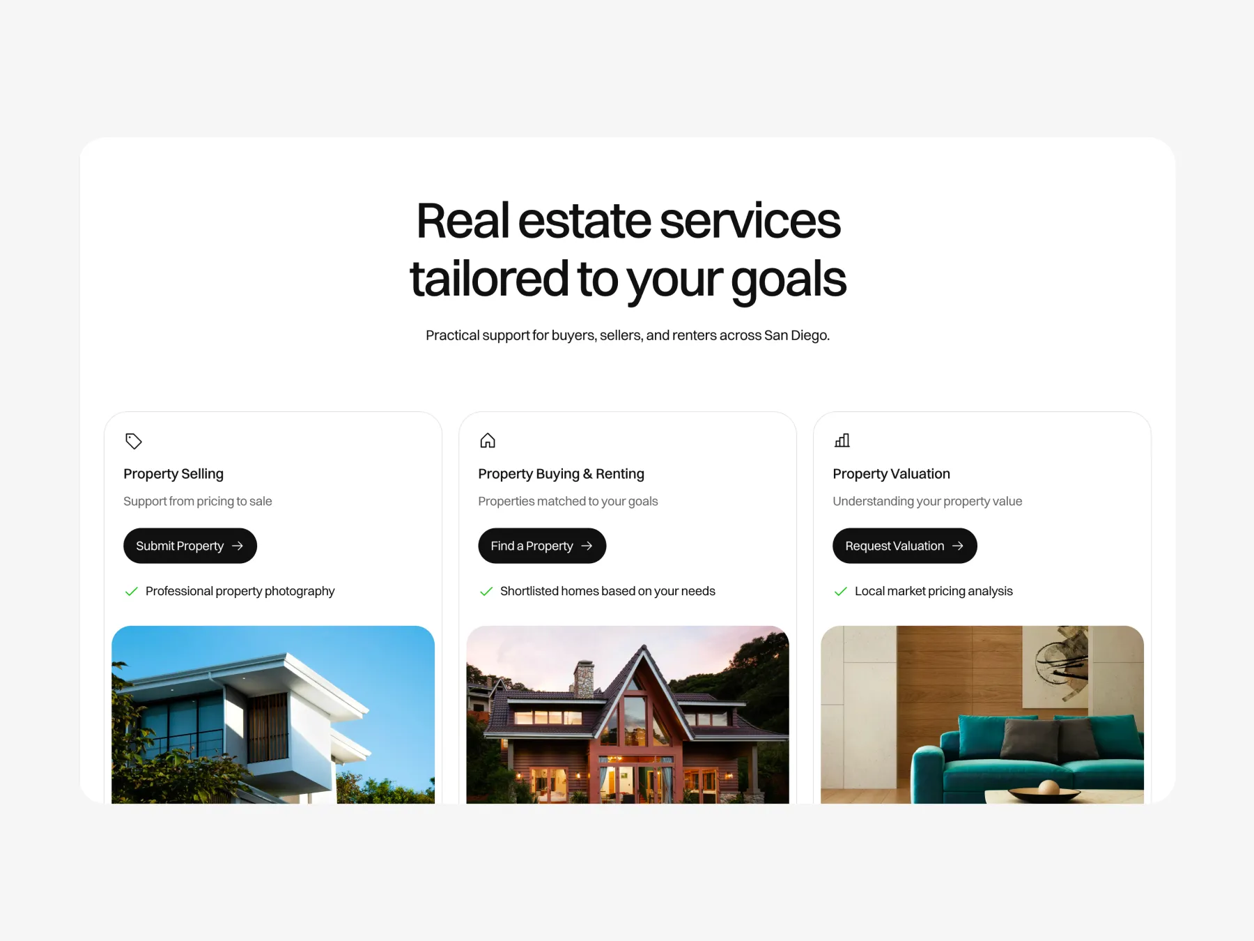 Real estate services section layout in a professional real estate website template