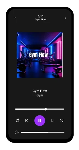 A mobile app interface showing a music player with a colorful equalizer display and playback controls.