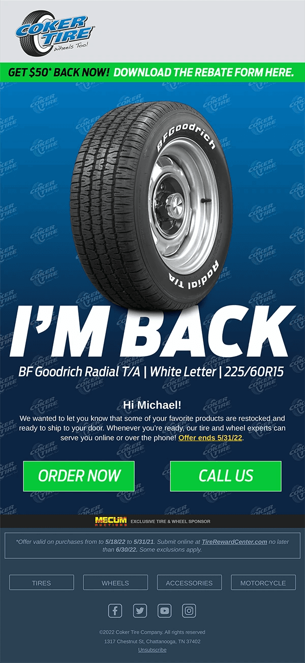 Coker Tire In Stock Now Email Campaign