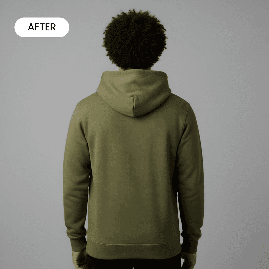 AI-generated model wearing the green hoodie in a professional studio, back view