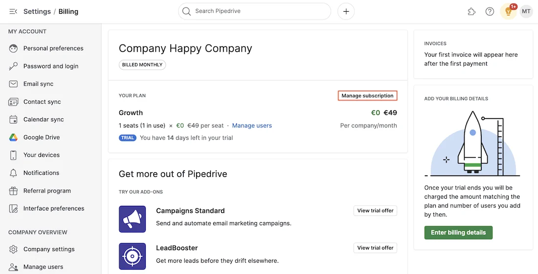 Pipedrive billing dashboard 2026 showing per-seat tier pricing and per-company add-on charges for LeadBooster and Smart Docs.