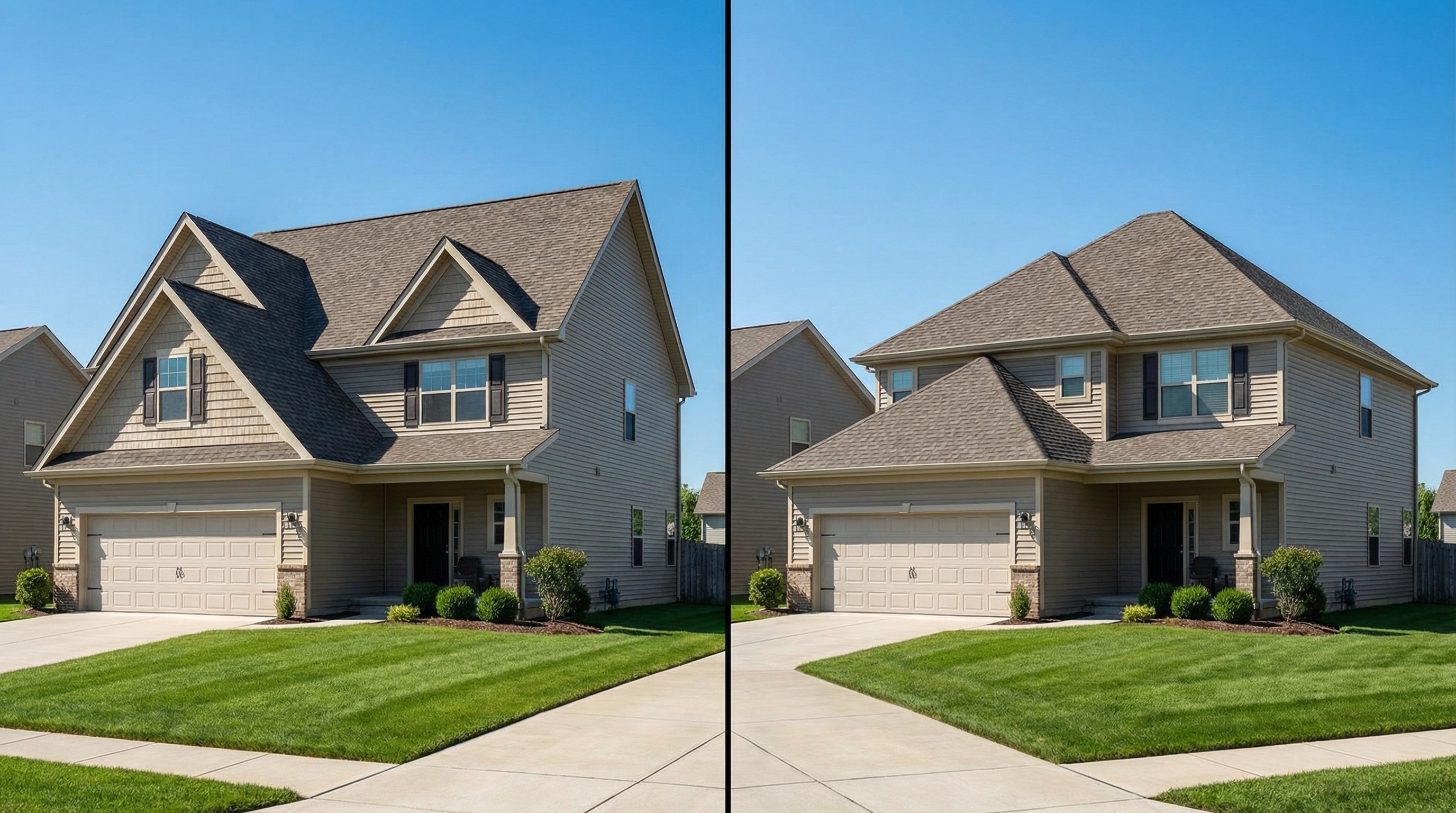 Two houses side-by-side with beige siding, brown roof, and a green lawn under a clear blue sky.