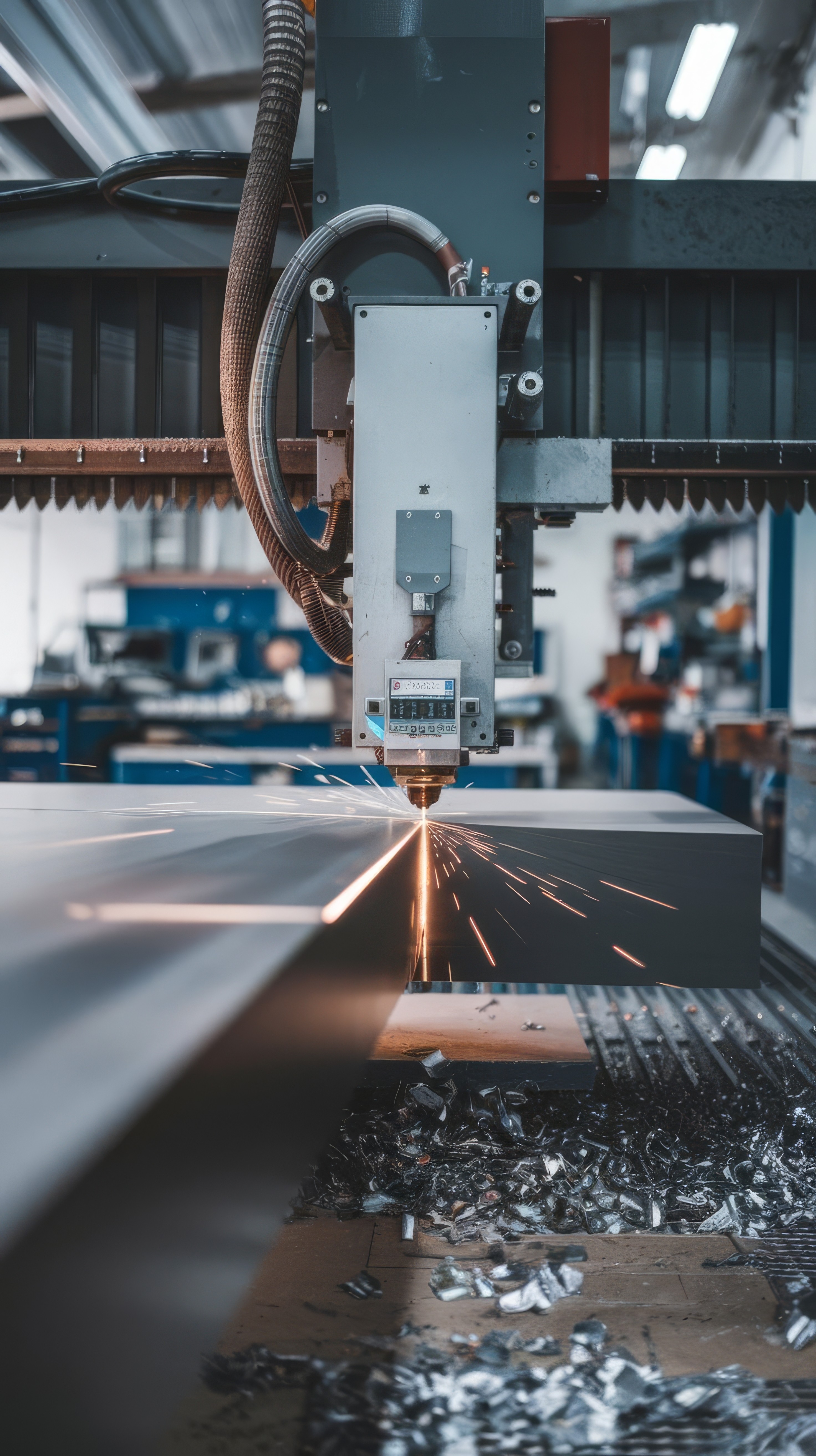 Two professionals in safety vests inspect solar panels with a wind turbine in the background under a clear sky.