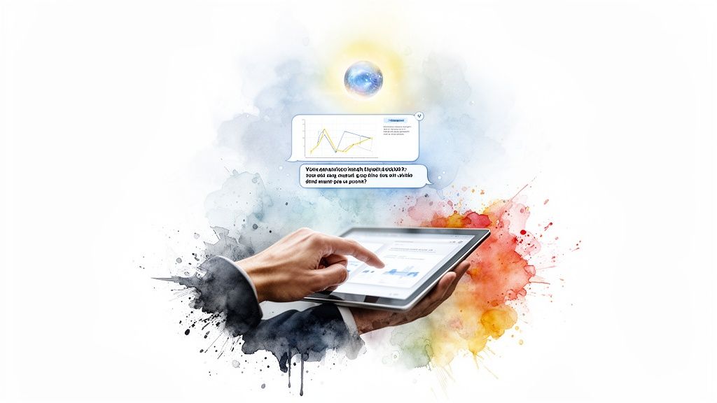 Hands interacting with a tablet displaying data charts and graphs, surrounded by colorful watercolor splashes.