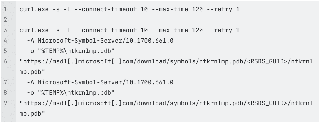 Ein Texteditor zeigt wiederholt ausgeführte „curl.exe“-Befehle an, mit denen die Datei „ntkrnlmp.pdb“ von Microsoft-Symbol-URLs heruntergeladen wird.