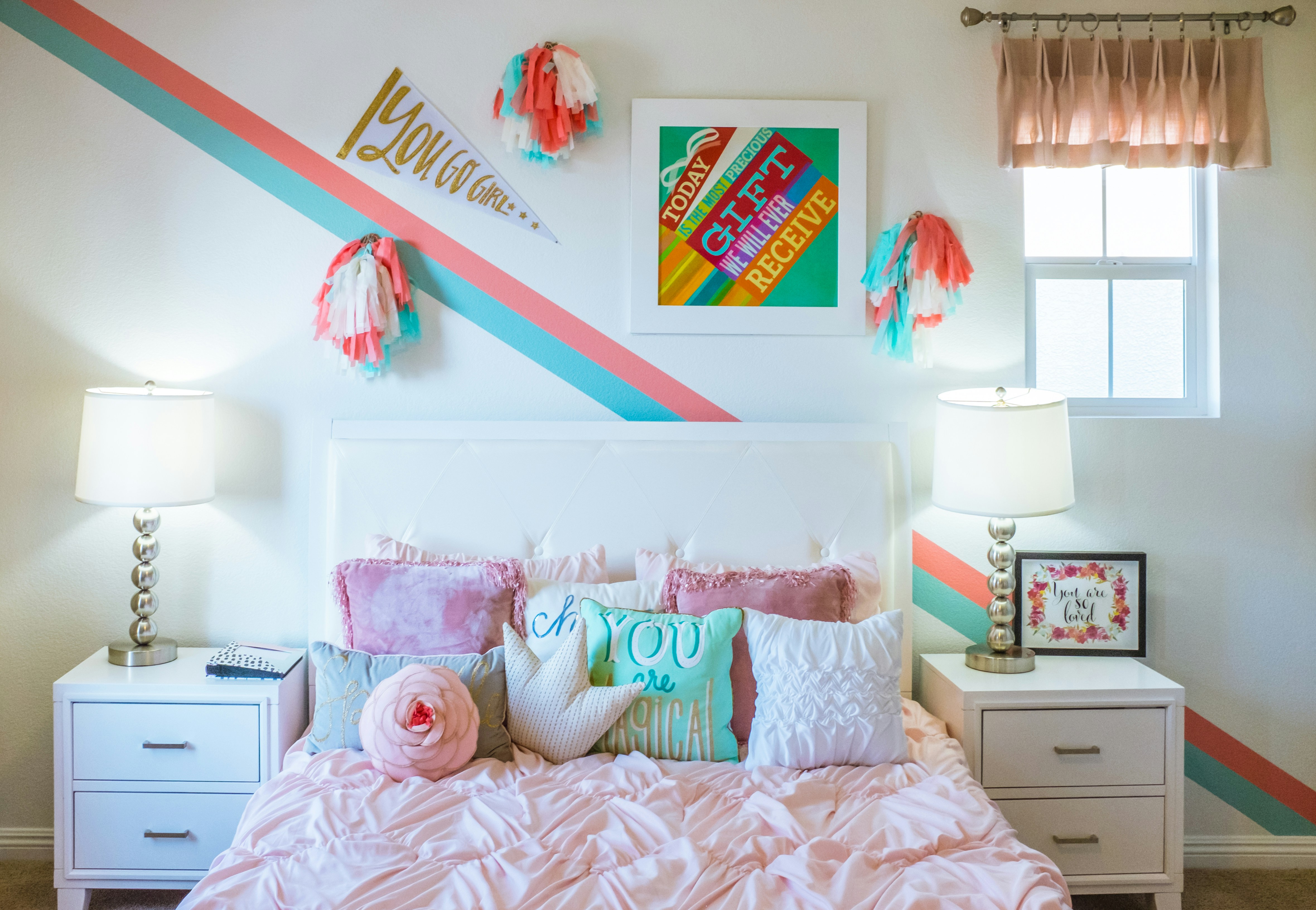 A Bed with Colorful Pillows - Preppy Bedroom