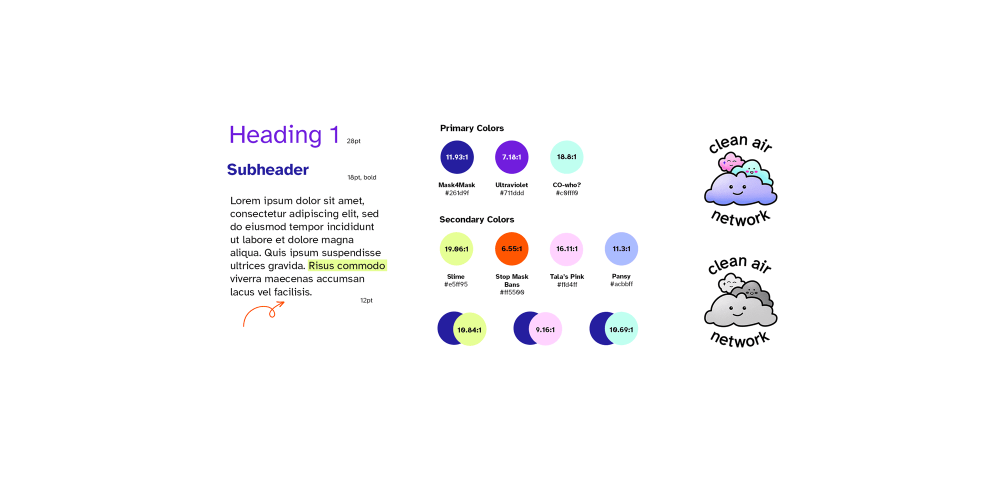 The Clean Air Network brand guide showing the typography, colors, and logo.