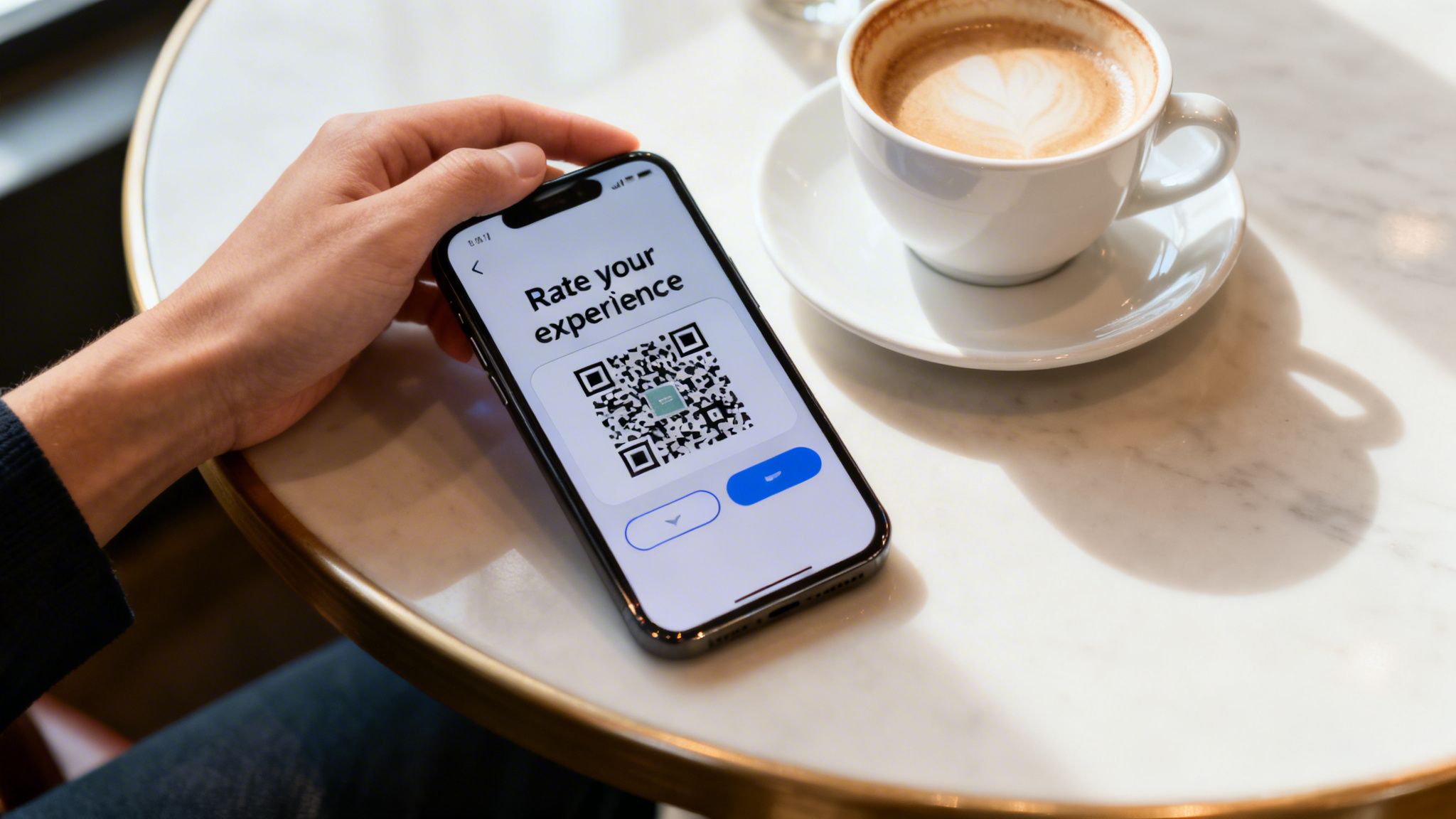 A hand holding a smartphone displaying 'Rate your experience' with a QR code, beside a coffee cup on a marble table.