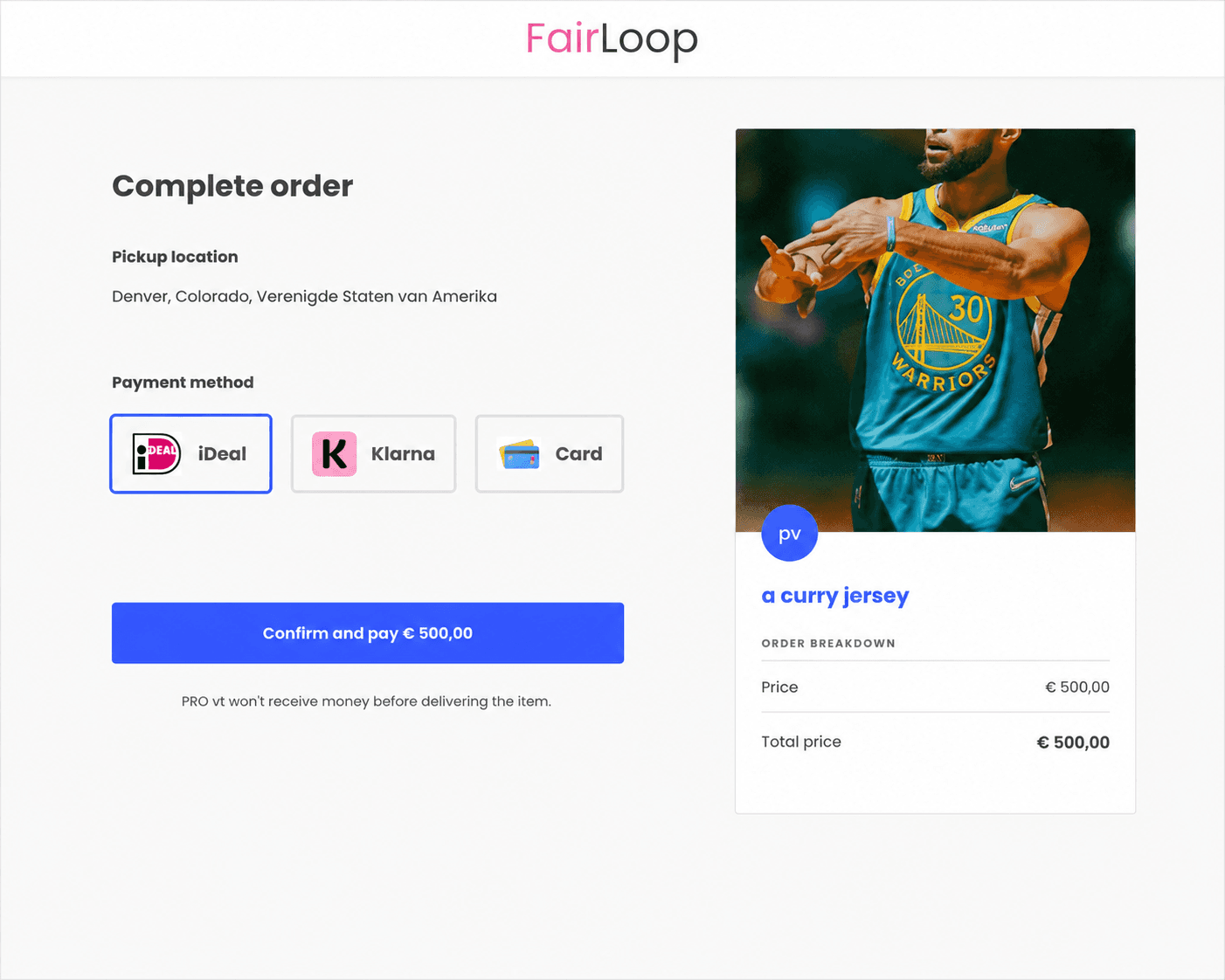 FairLoop checkout page showing iDeal, Klarna and credit card payment options on a Sharetribe marketplace