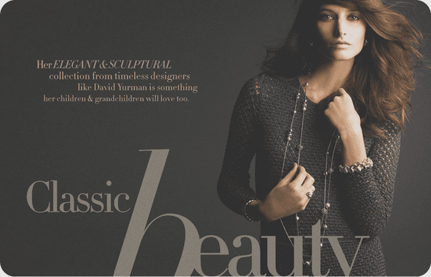 Neiman Marcus editorial featuring woman in elegant dark textured jacket showcasing classic beauty and sculptural fashion