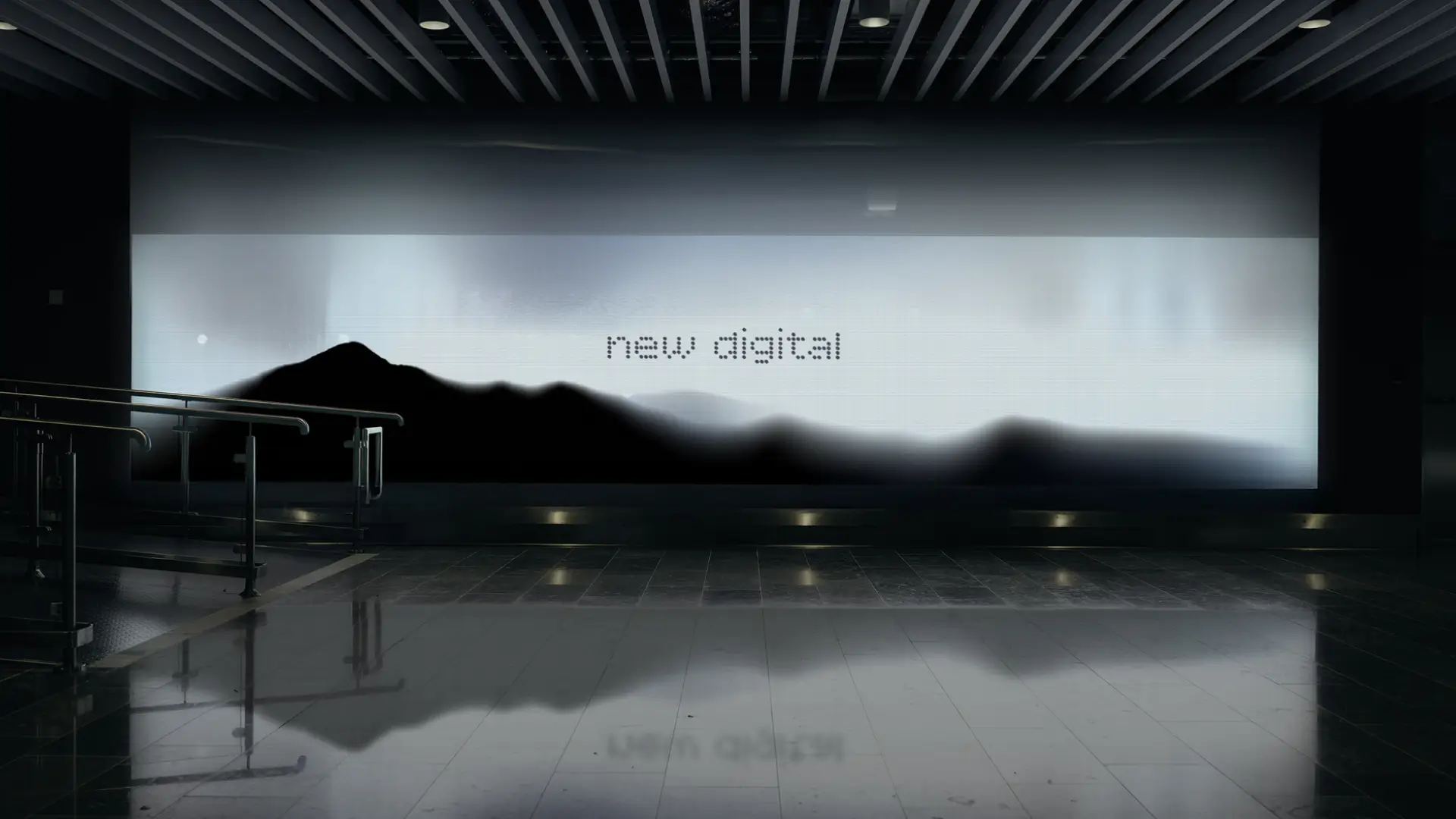 Podświetlany napis new digital w ciemnym holu