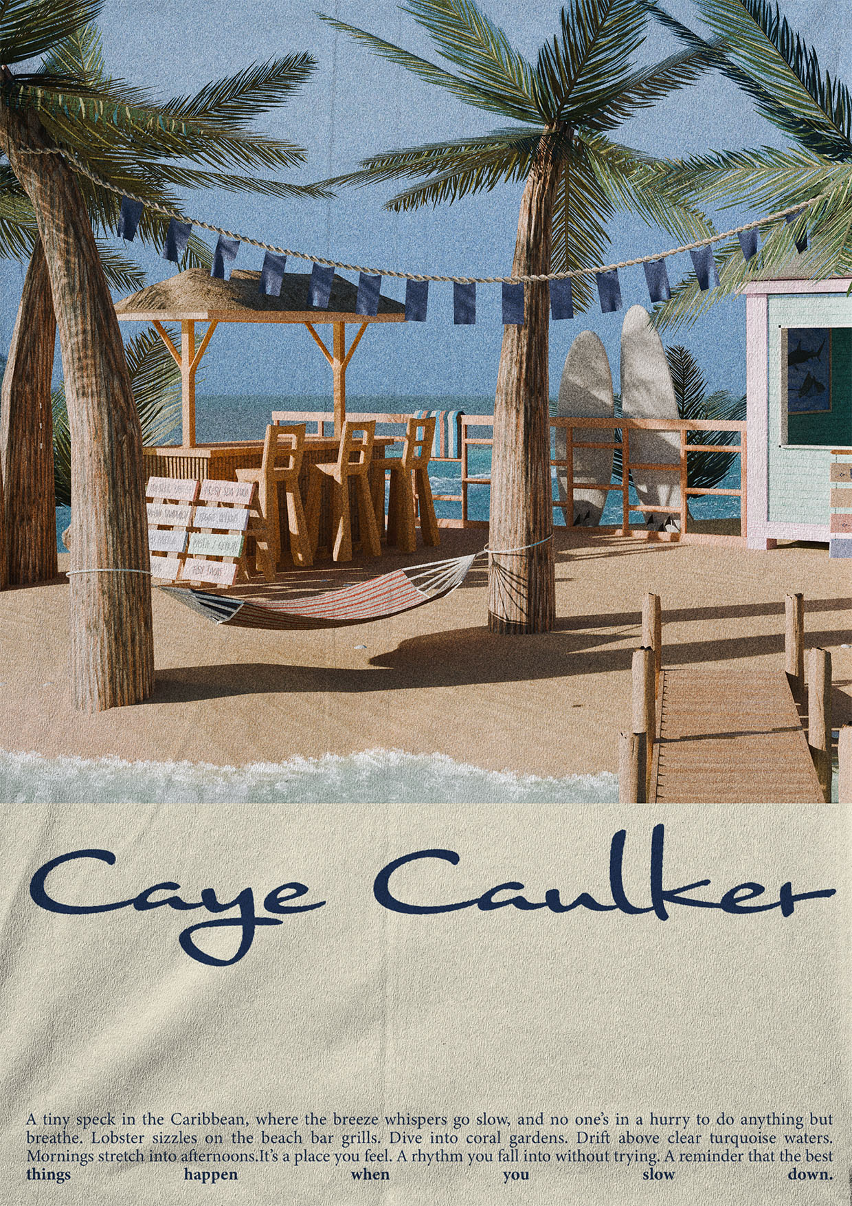 Caye Caulker — 3D render and hand-lettered poster of Belizean beach destination, mixed media
