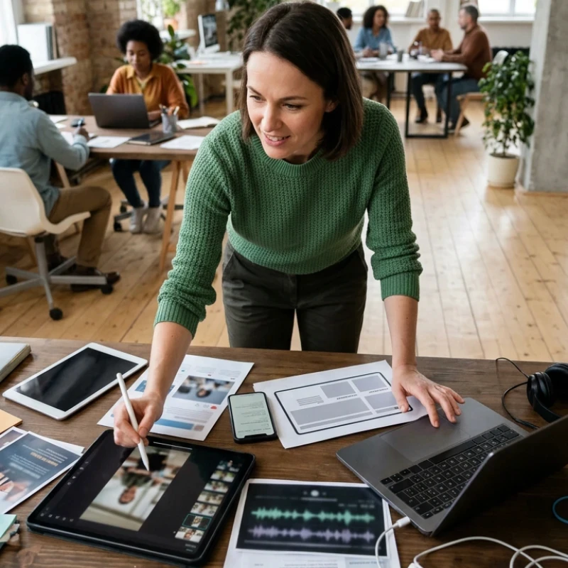 Équipe de créatifs en agence analysant des flux de données, des interfaces mobiles et des timelines de montage sur plusieurs écrans et tablettes, illustrant notre expertise en Stratégie de comm 360° pour garantir une diffusion optimisée pour votre audience.