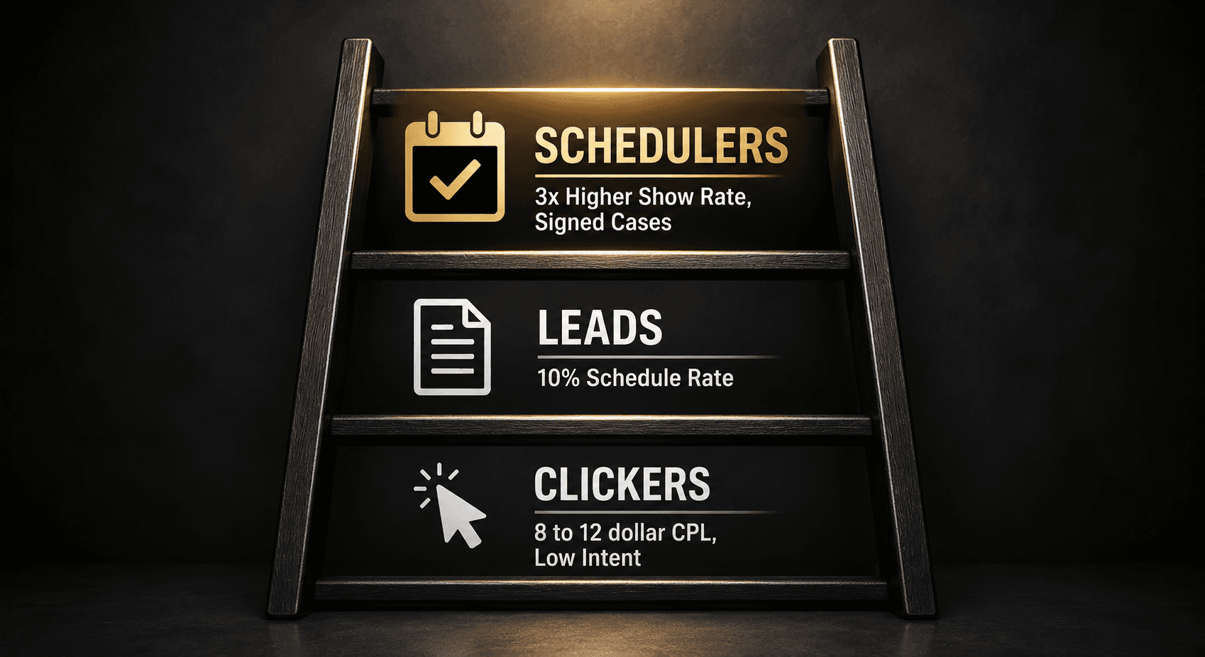 Intent Ladder diagram for attorney lead generation showing three levels from clickers to qualified law firm schedulers