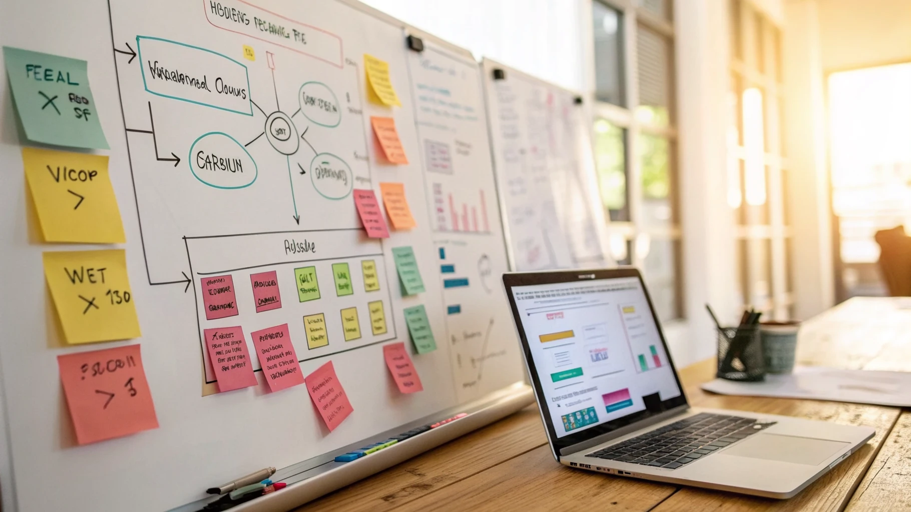 Whiteboard avec post-its et wireframes menant à une application finie