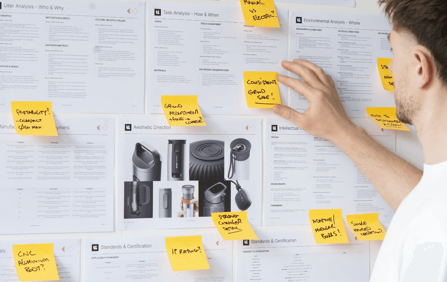 Industrial designer presenting and interacting with a design research board during a product development workshop.