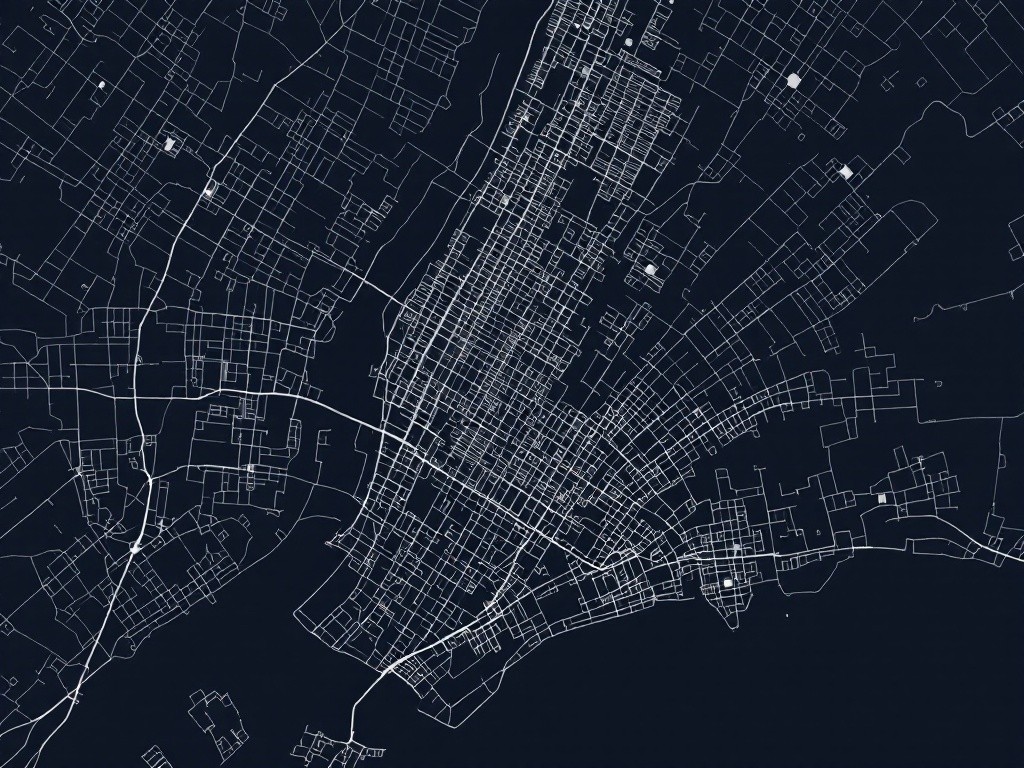A bird's eye view of the city's street network at night, showing the layout of roads and buildings.