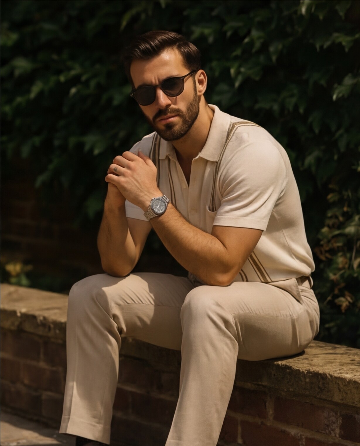 Cream Striped Polo with Beige Tailored Trousers Undertone: Warm