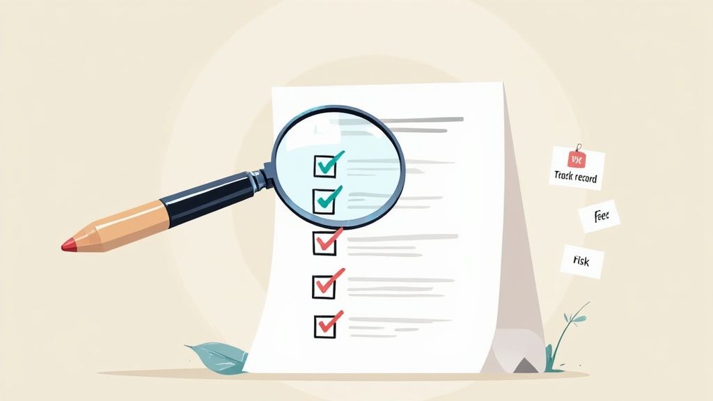 A professional reviewing a detailed financial document with a magnifying glass, symbolizing due diligence.