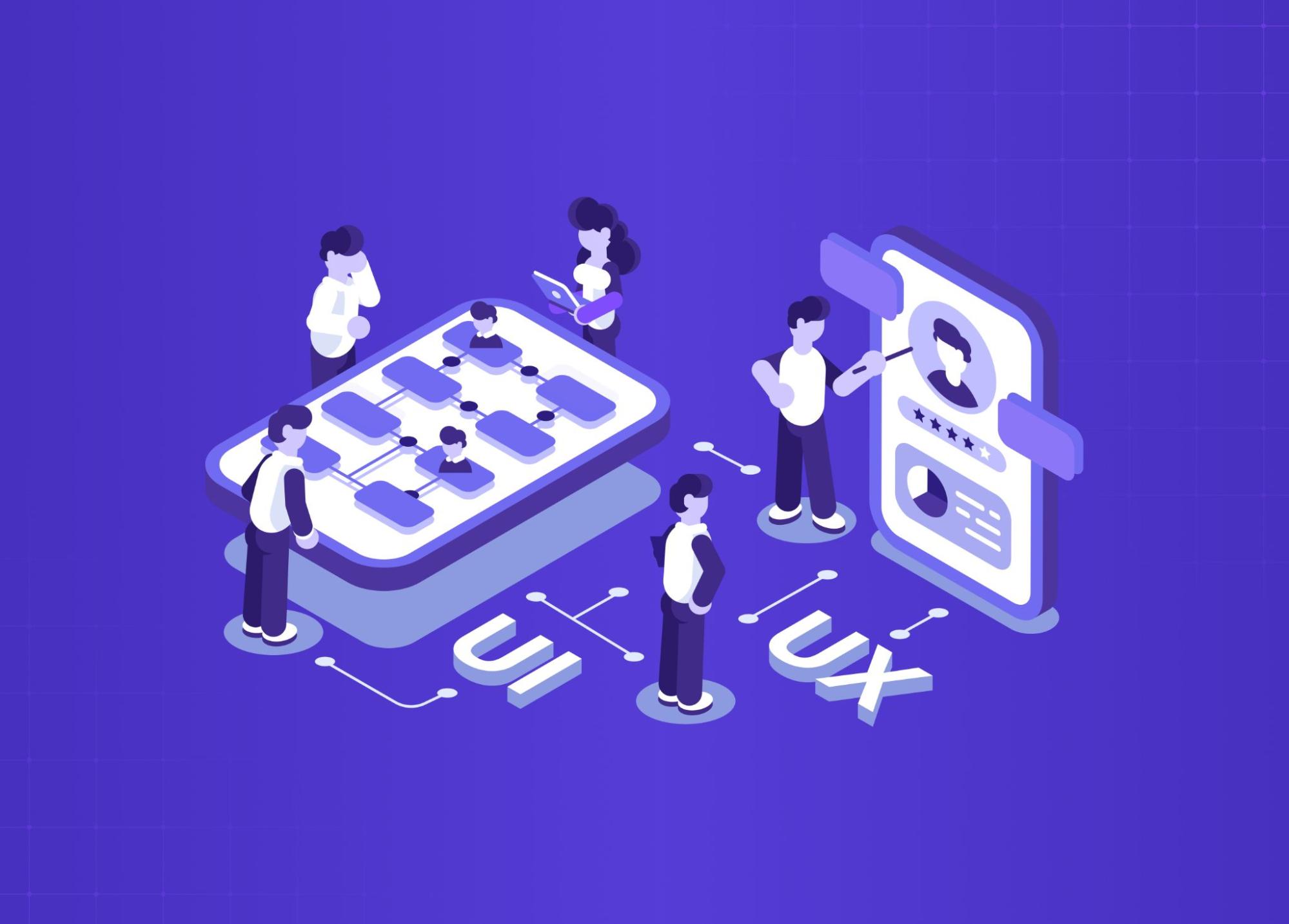UI UX designers collaborating on interface design and user experience workflow for digital product development.