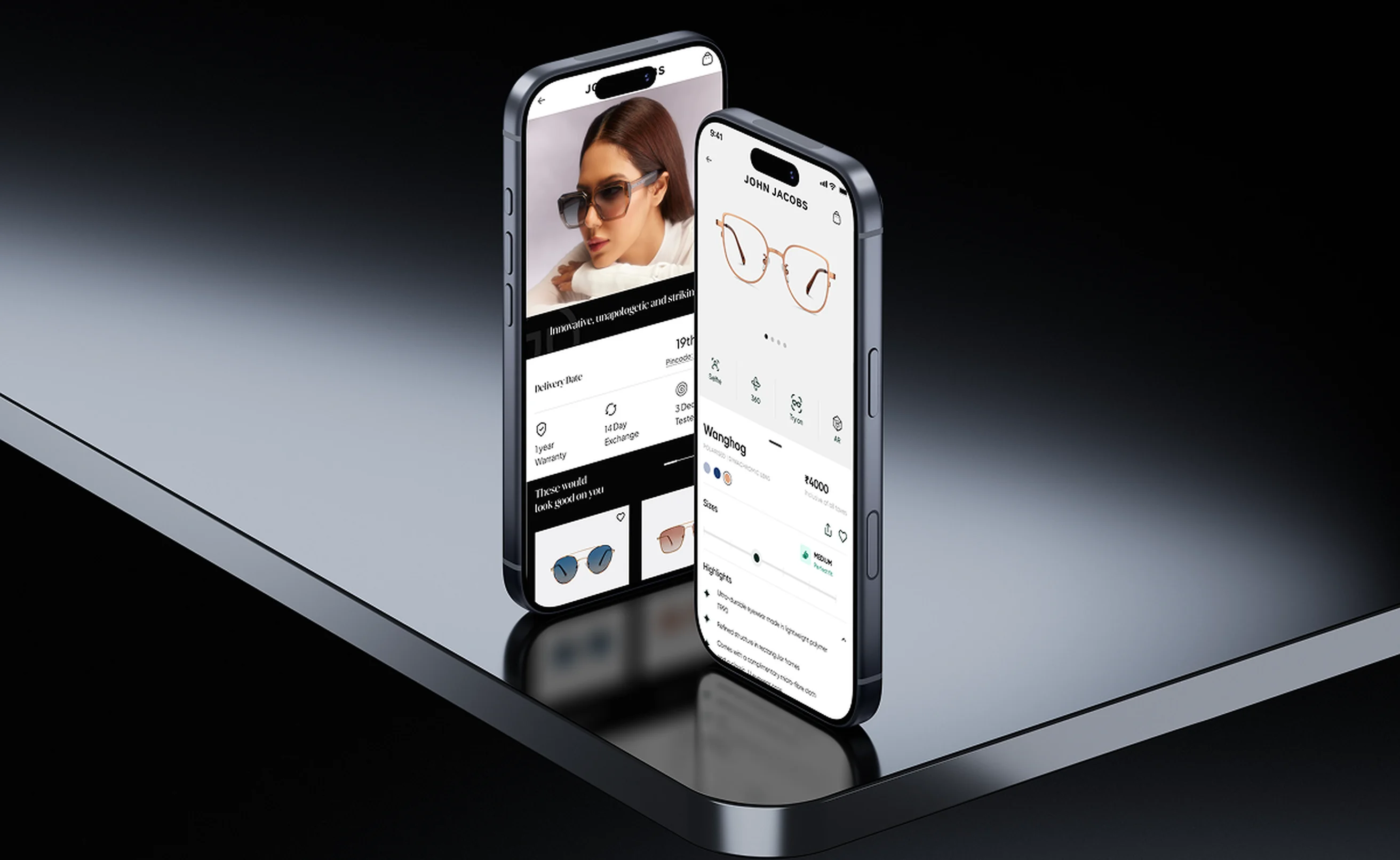John Jacobs checkout with delivery date, pincode entry, warranty and exchange terms alongside a product detail page