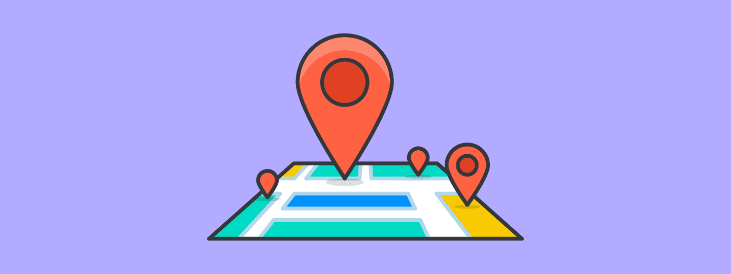 A graphic of an angled street map with multiple red location pin markers