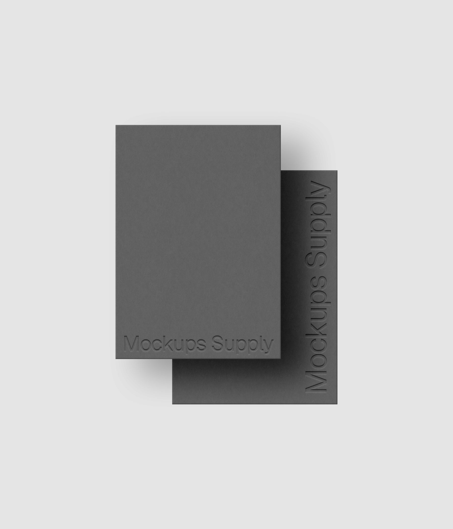 Two A5 paper flyer mockup PSD portrait with debossed logo effect, gray papers on white background, modern minimal stationery mockup for print design and brand identity