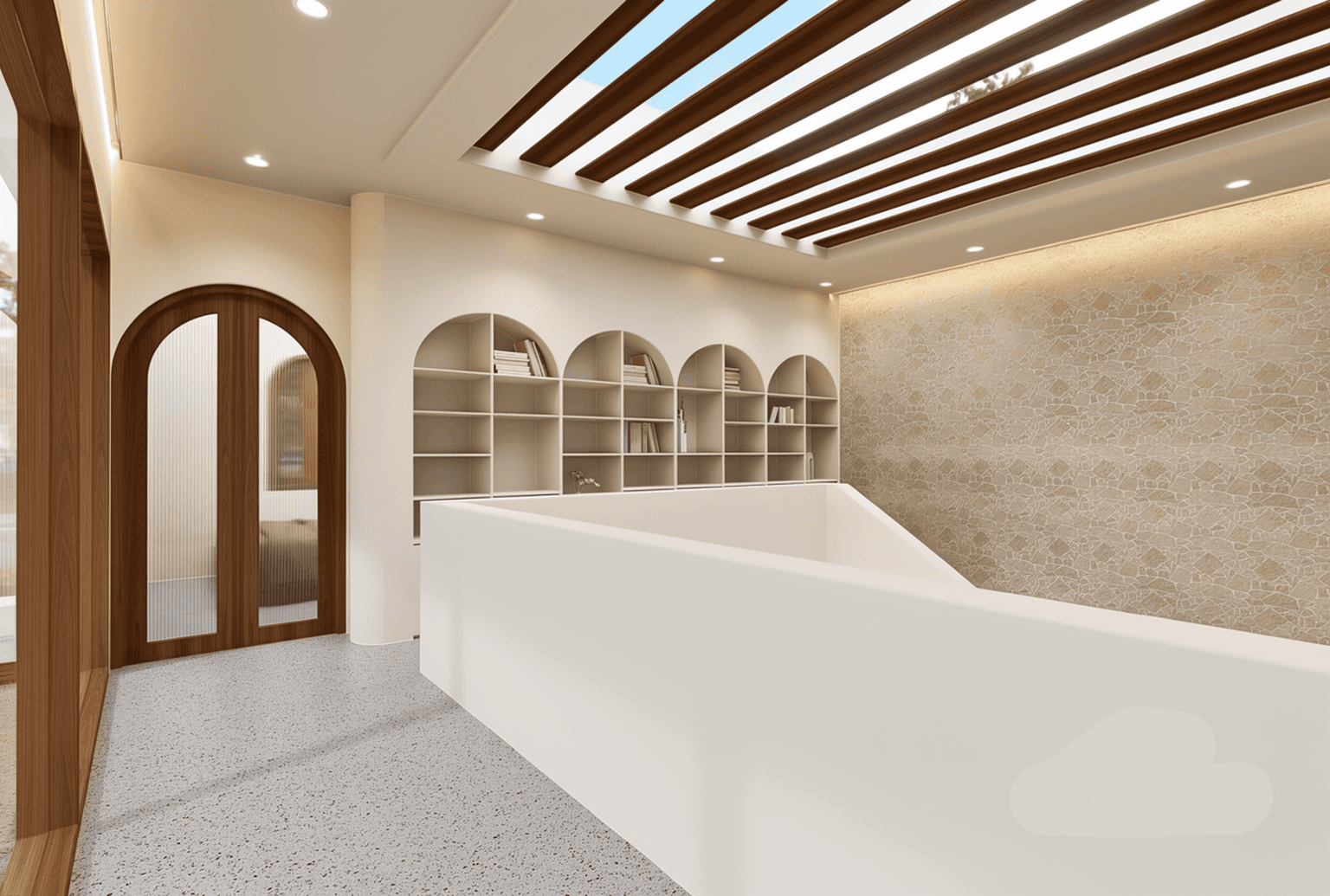 Minimalist upper hallway at Ungasan I with built-in shelving and wooden ceiling slats, Bali real estate.