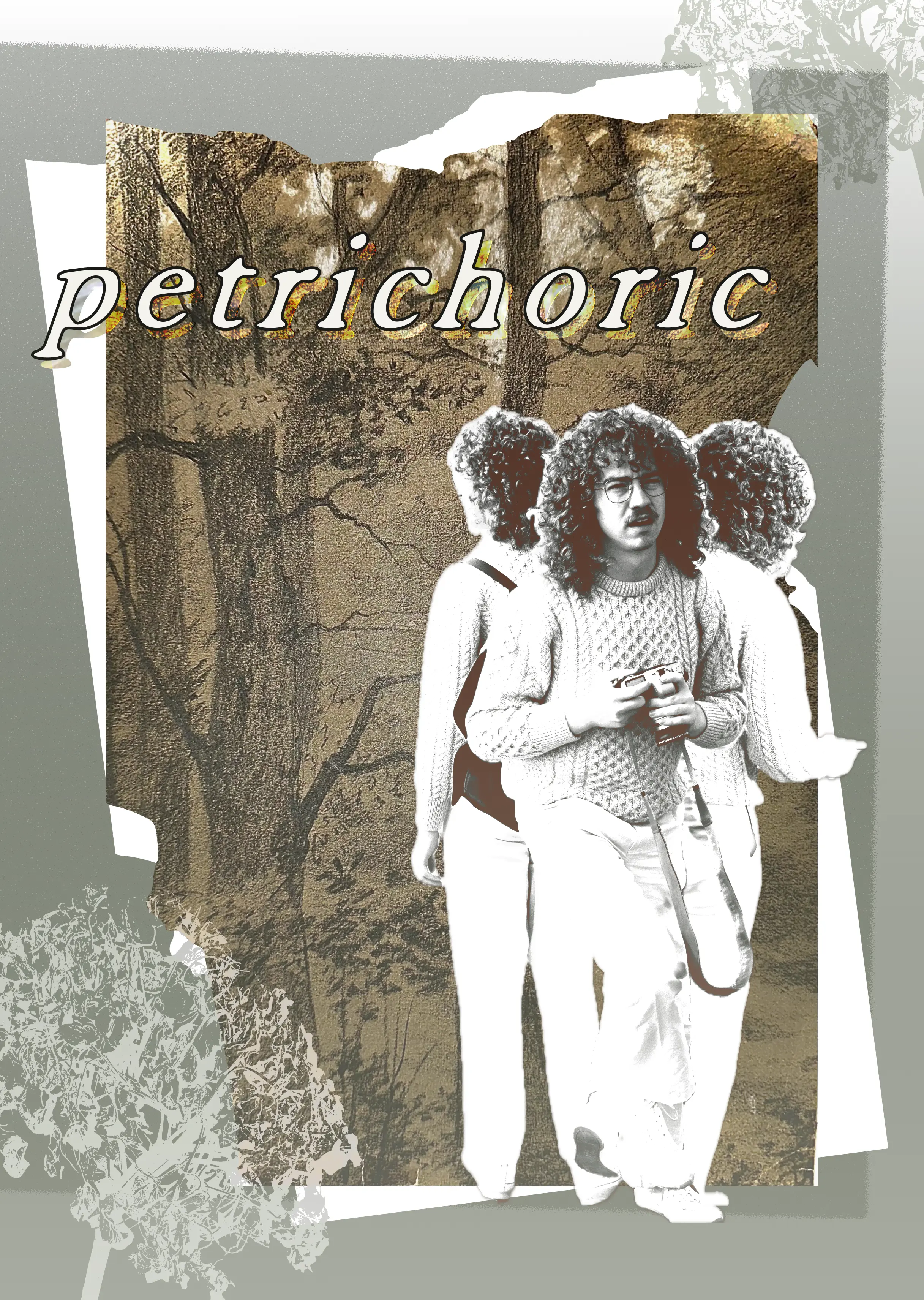 Collage for 'petrichoric' with old sketches and three photos of Gray Andrus-Merriner, 