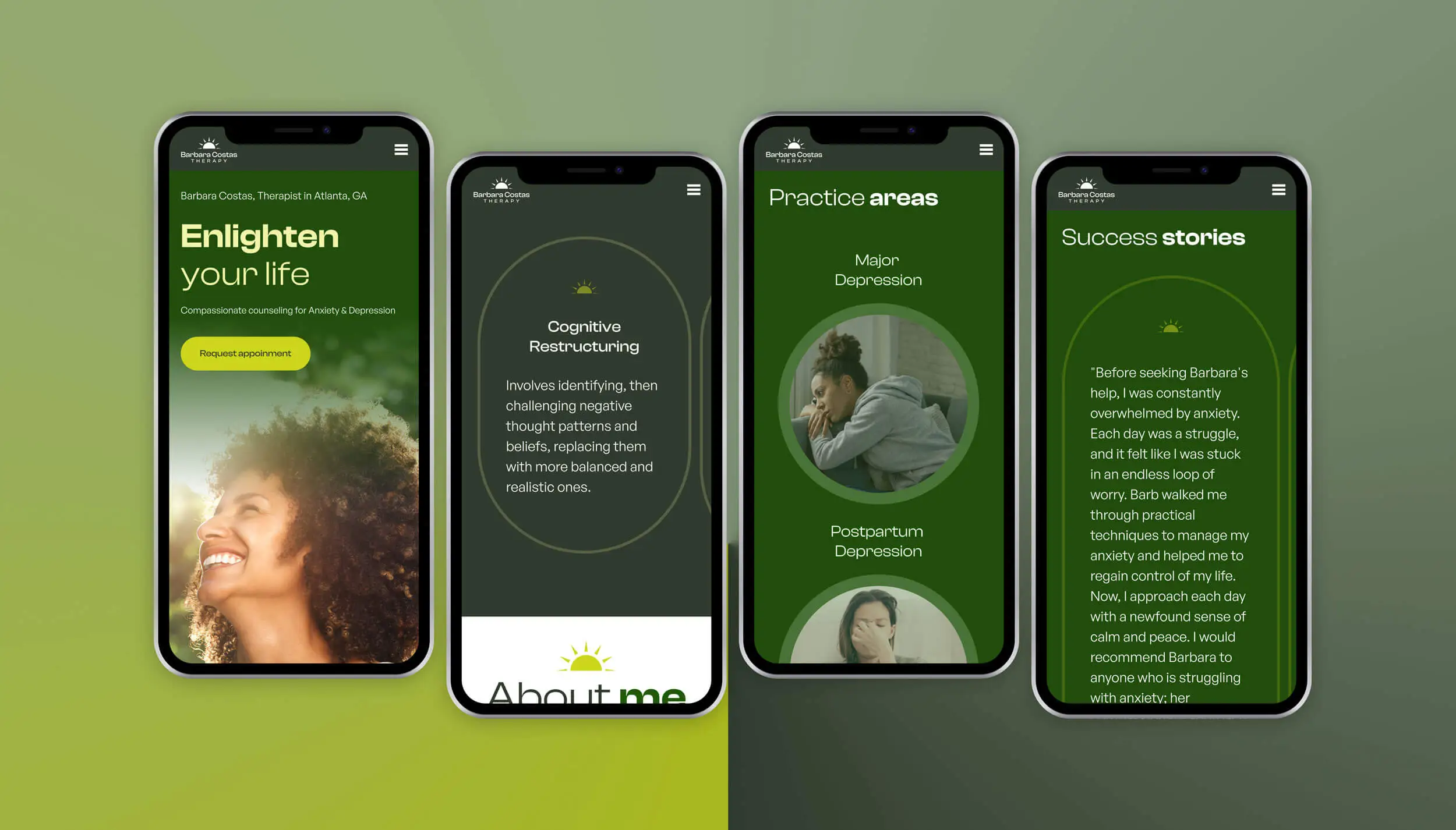 Four smartphones display different app screens with green themes, featuring text and images related to content.