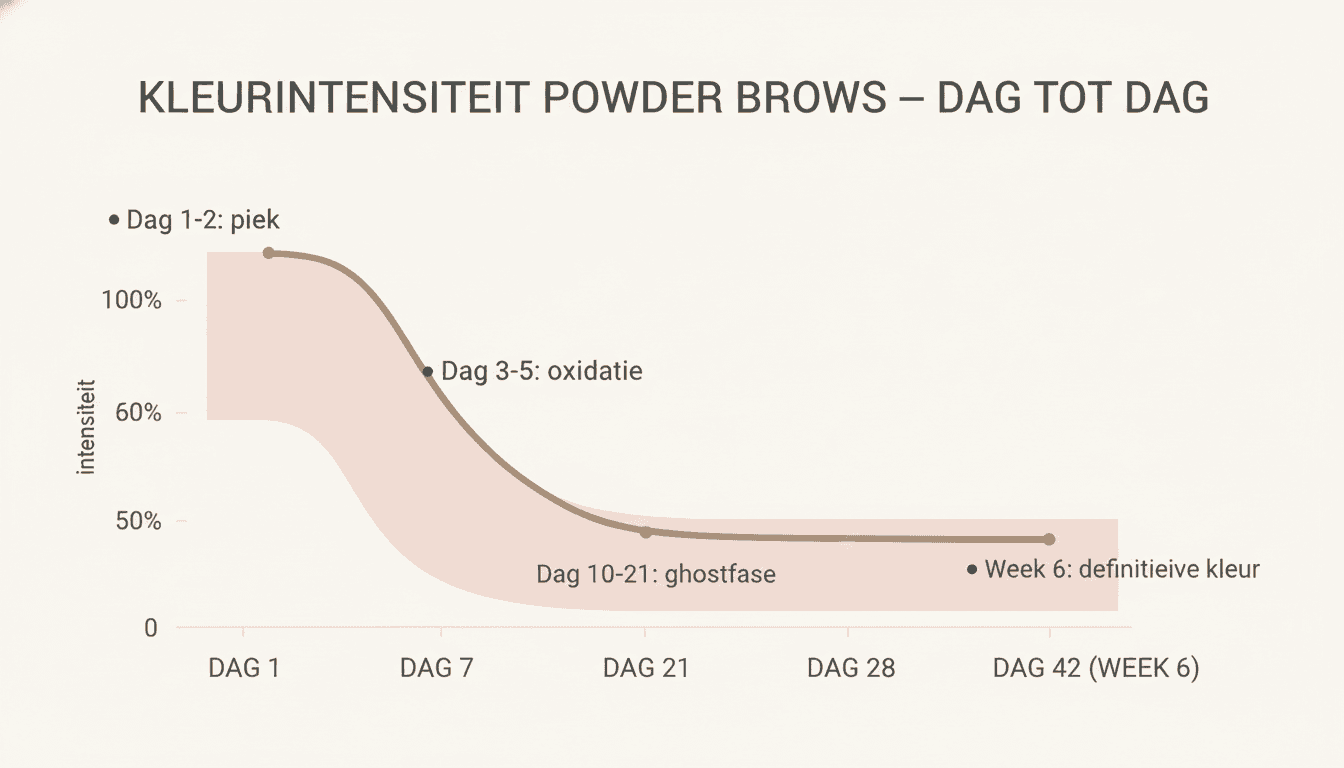 Infographic: curve van kleurintensiteit van powder brows over zes weken, met pie