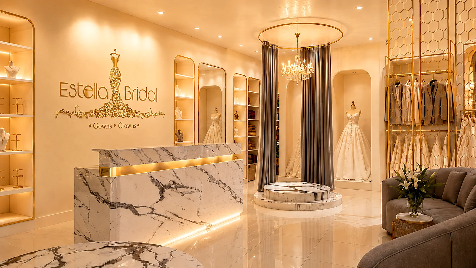 Estella Bridal landscape with gown racks and chandelier