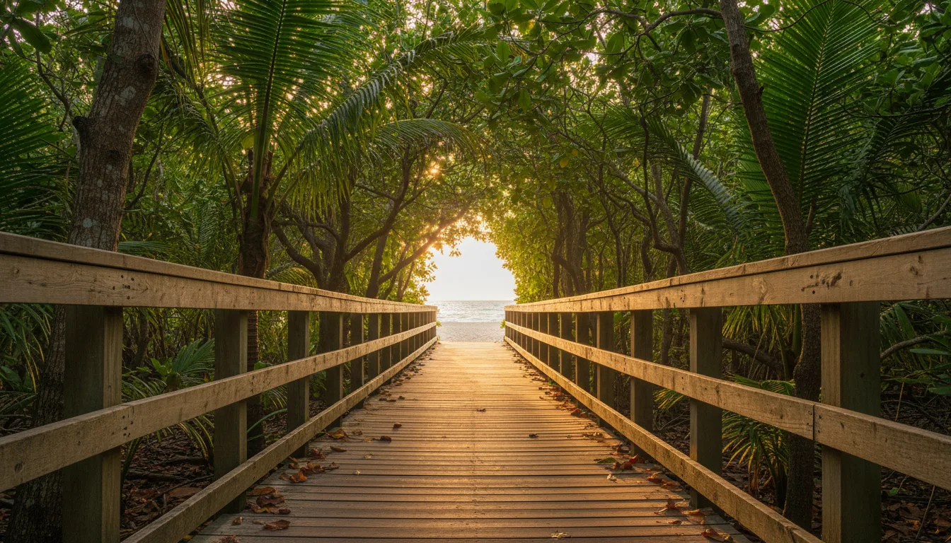 DSLR photography of an eye-level, one-point perspective view down a long wooden boardwalk, creating strong leading lines. The path is surrounded by a dense tunnel of leafy green trees and tropical foliage, forming a natural archway overhead. Golden hour lighting streams through the leaves, casting a warm, soft glow on the weathered wood of the handrails and the tree trunks. The ground is scattered with dry, reddish-brown leaves. At the end of the boardwalk, the view opens to a bright, sunlit beach and the ocean horizon. Deep focus, with rich textures on the wood and leaves, creating a serene and inviting atmosphere.