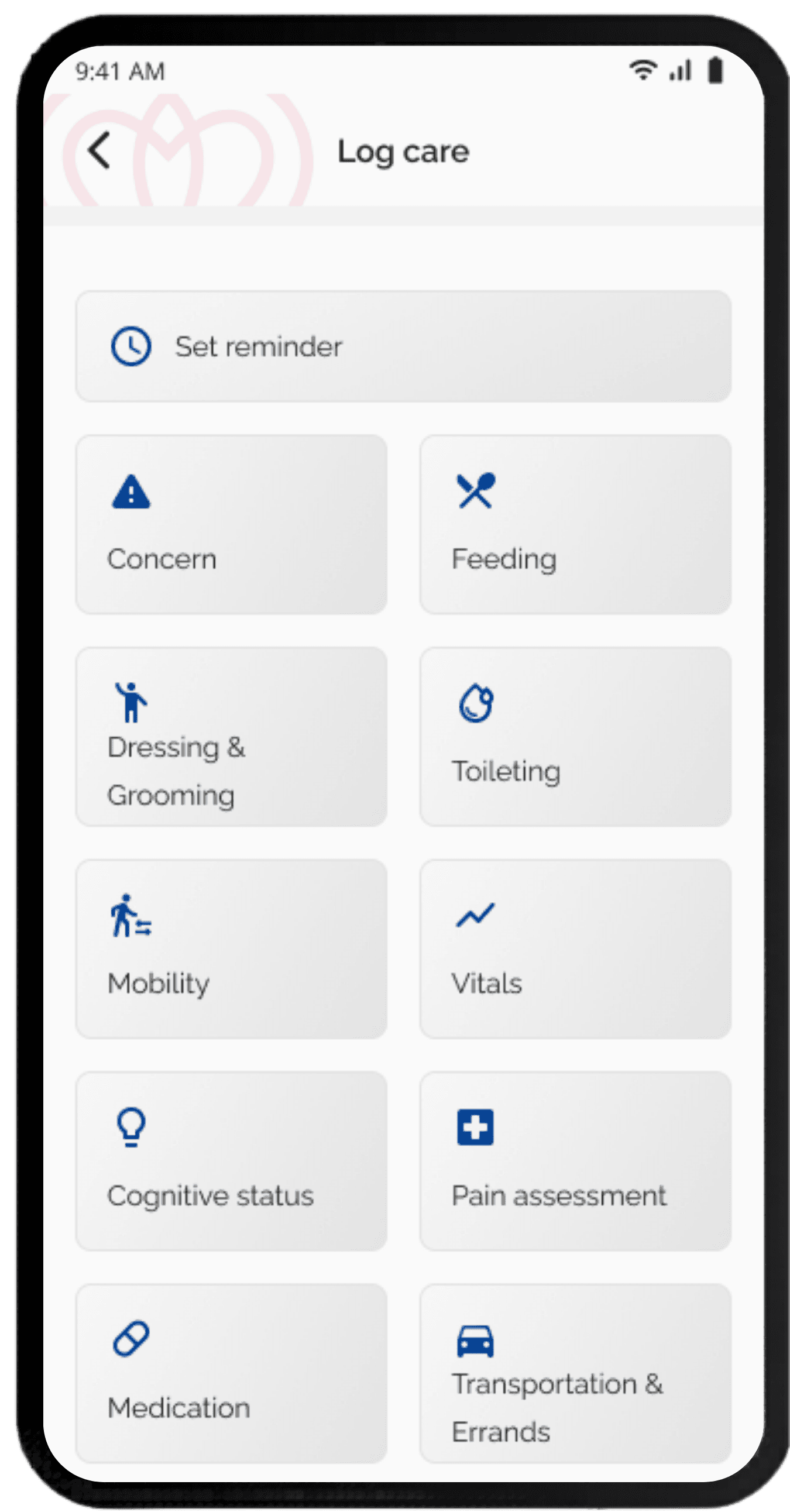 Carespondence app showing the Log Care screen with care category options including Concern, Feeding, Dressing and Grooming, Toileting, Mobility, Vitals, Cognitive Status, Pain Assessment, Medication, and Transportation and Errands.