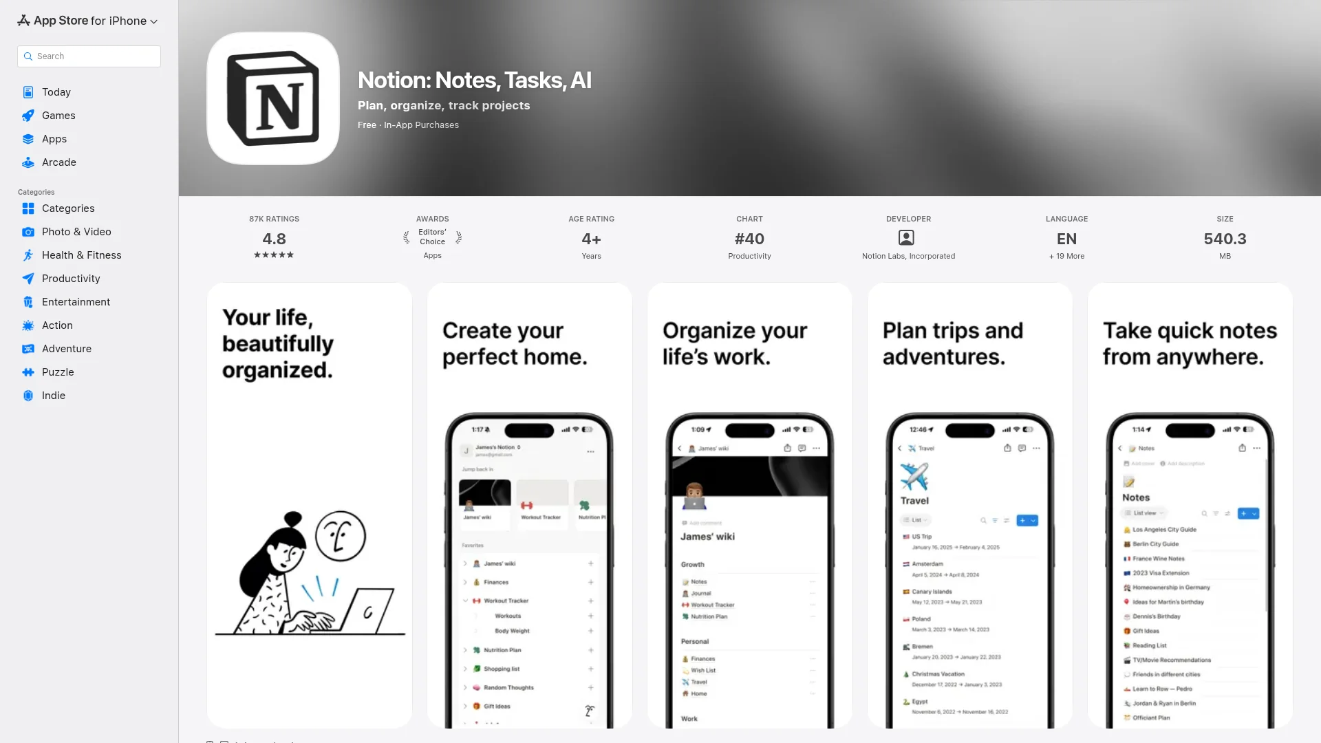Real App Store product page for the Notion app showing its screenshot gallery