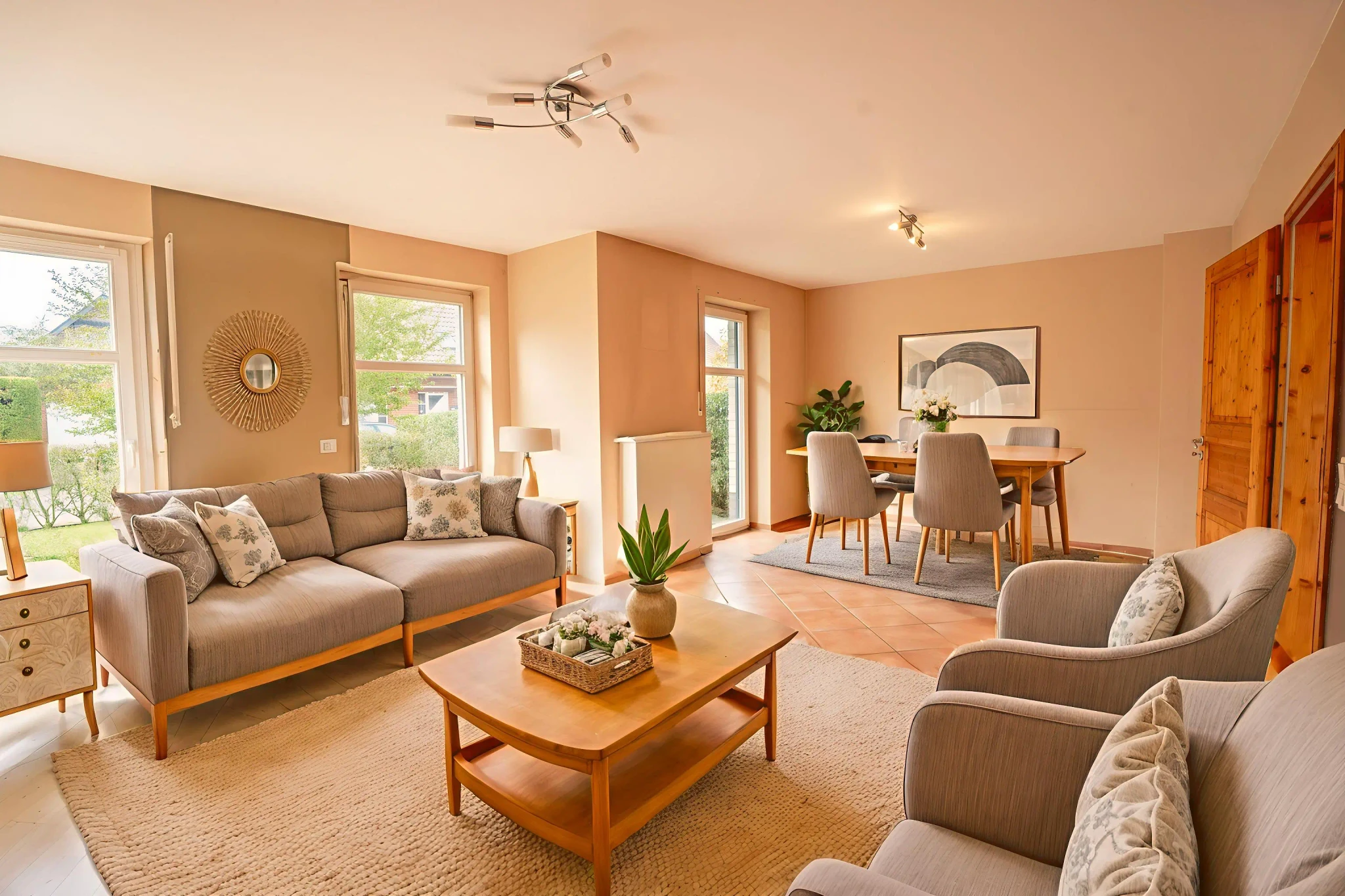 Virtuelles Staging - Helles Wohnzimmer mit Sofaecke und Essbereich im Einfamilienhaus in Heek-Nienborg, Westfalen Wohnen.