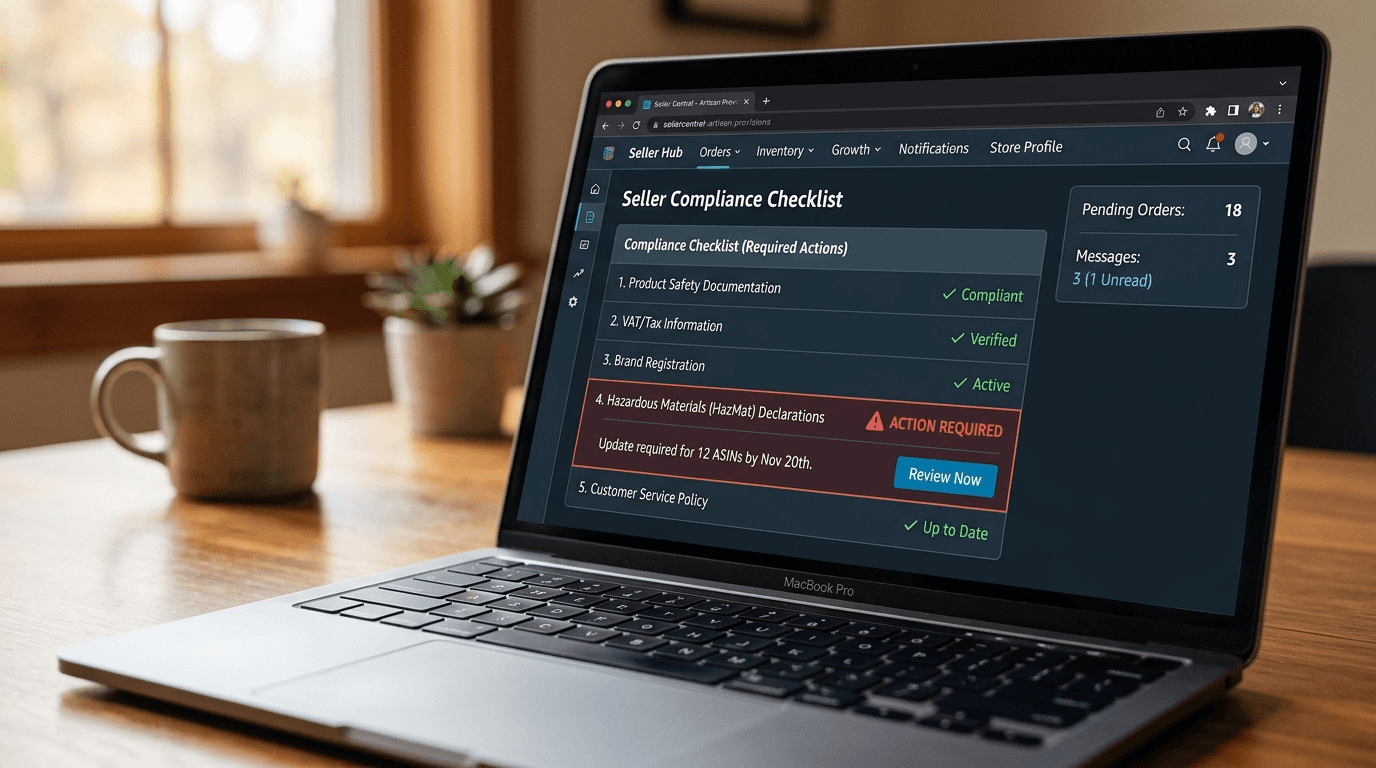 Etsy seller dashboard showing account suspension warning and compliance checklist