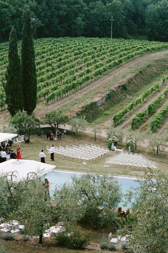 Aerial view of an outdoor wedding ceremony set among vineyards and olive trees