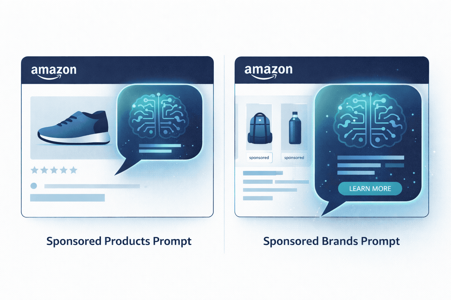 Comparison of Amazon Sponsored Products Prompts and Sponsored Brands Prompts showing AI-generated overlays and CPC billing structure