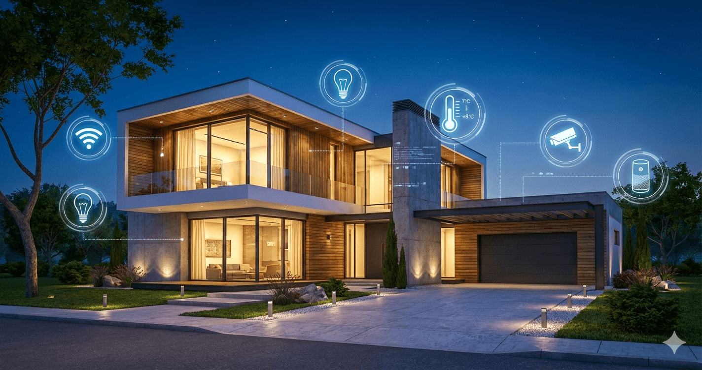 Infográfico comparativo sobre automação residencial dividido em dois painéis. O lado esquerdo, em azul, ilustra uma 'Casa Conectada' com controle manual via aplicativo. O lado direito, em verde, mostra uma 'Casa Automatizada' com integração inteligente, onde sensores e um hub central operam dispositivos automaticamente enquanto uma pessoa relaxa no sofá.
