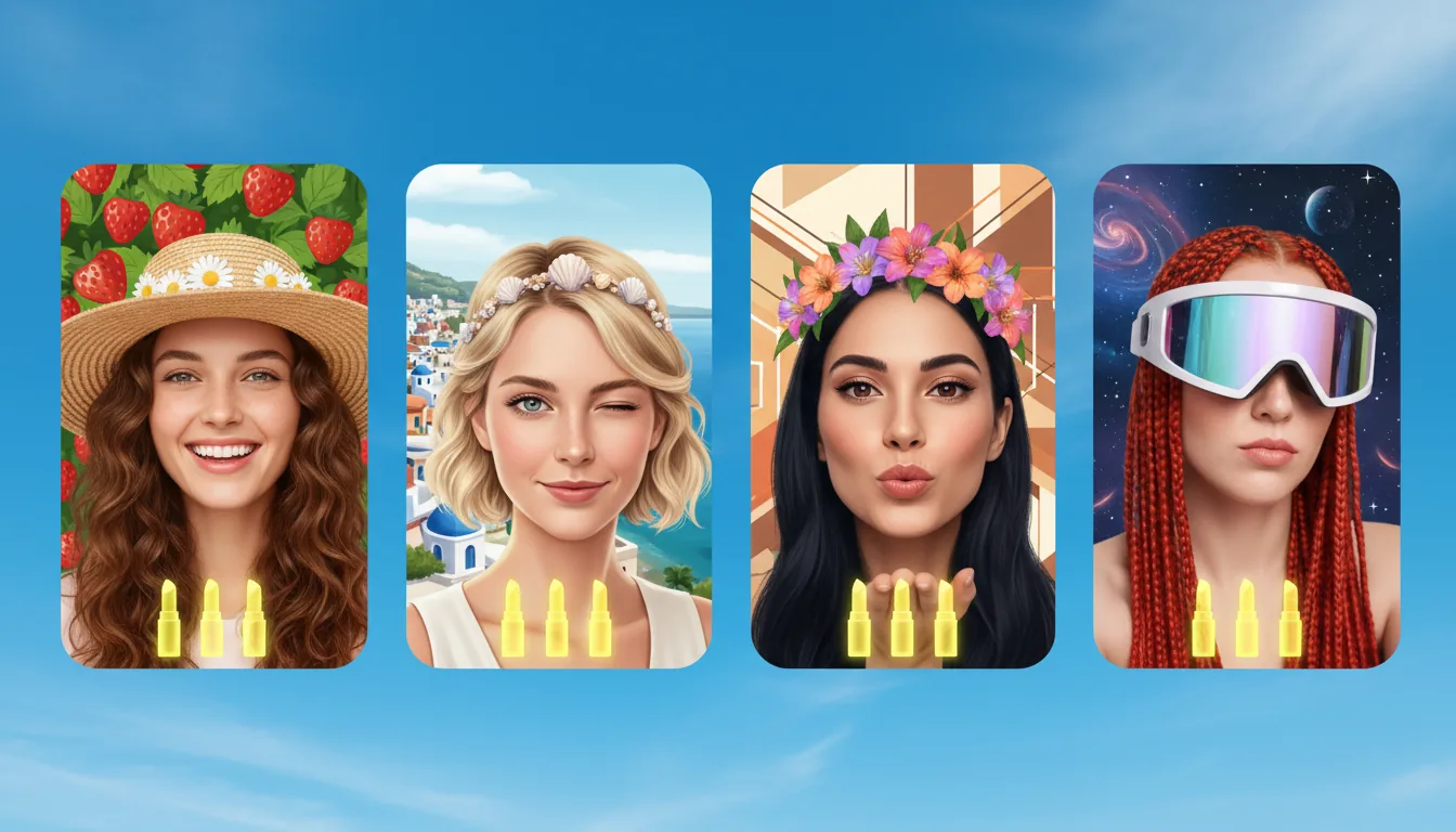 A social media marketing collage showcasing an AR try-on filter, featuring four vertical panels with rounded corners against a vibrant blue sky background. Each panel displays a selfie portrait of a different woman using the AR filter, which adds digital accessories like a sun hat or a headband, and places them in illustrative backgrounds like a strawberry field or a coastal village. At the bottom of each screen, a UI element displays four floating, bright yellow lipstick tubes representing selectable shades for a virtual try-on. The style is clean, modern, and bright, with natural lighting on the subjects.