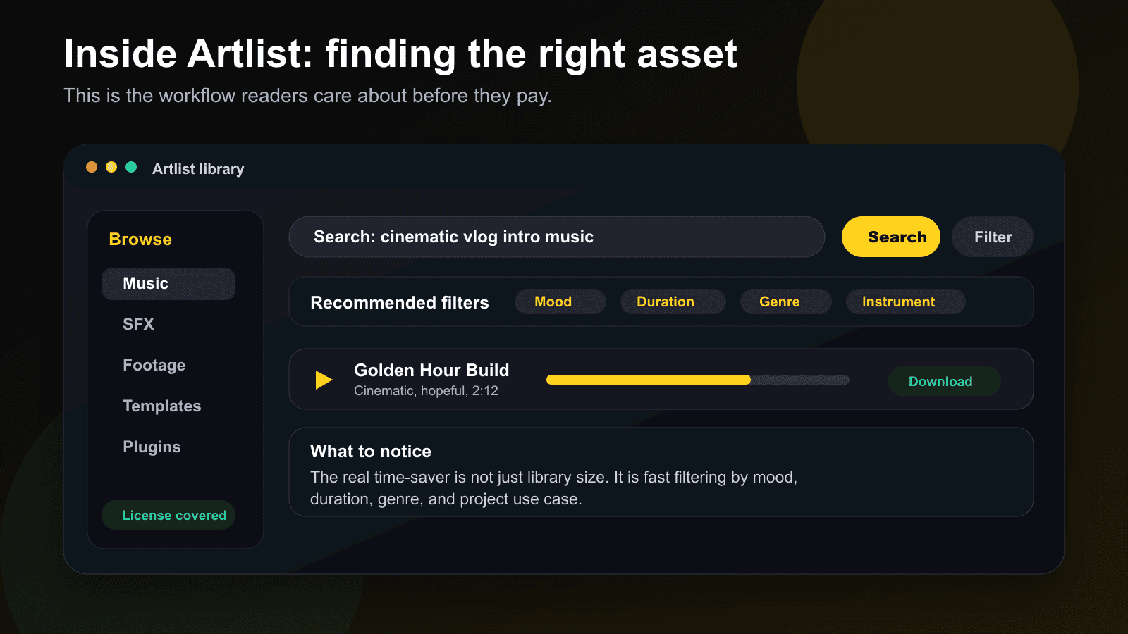 Interface-style screenshot showing Artlist library search for cinematic vlog intro music with filters for mood, duration, genre, and instrument.
