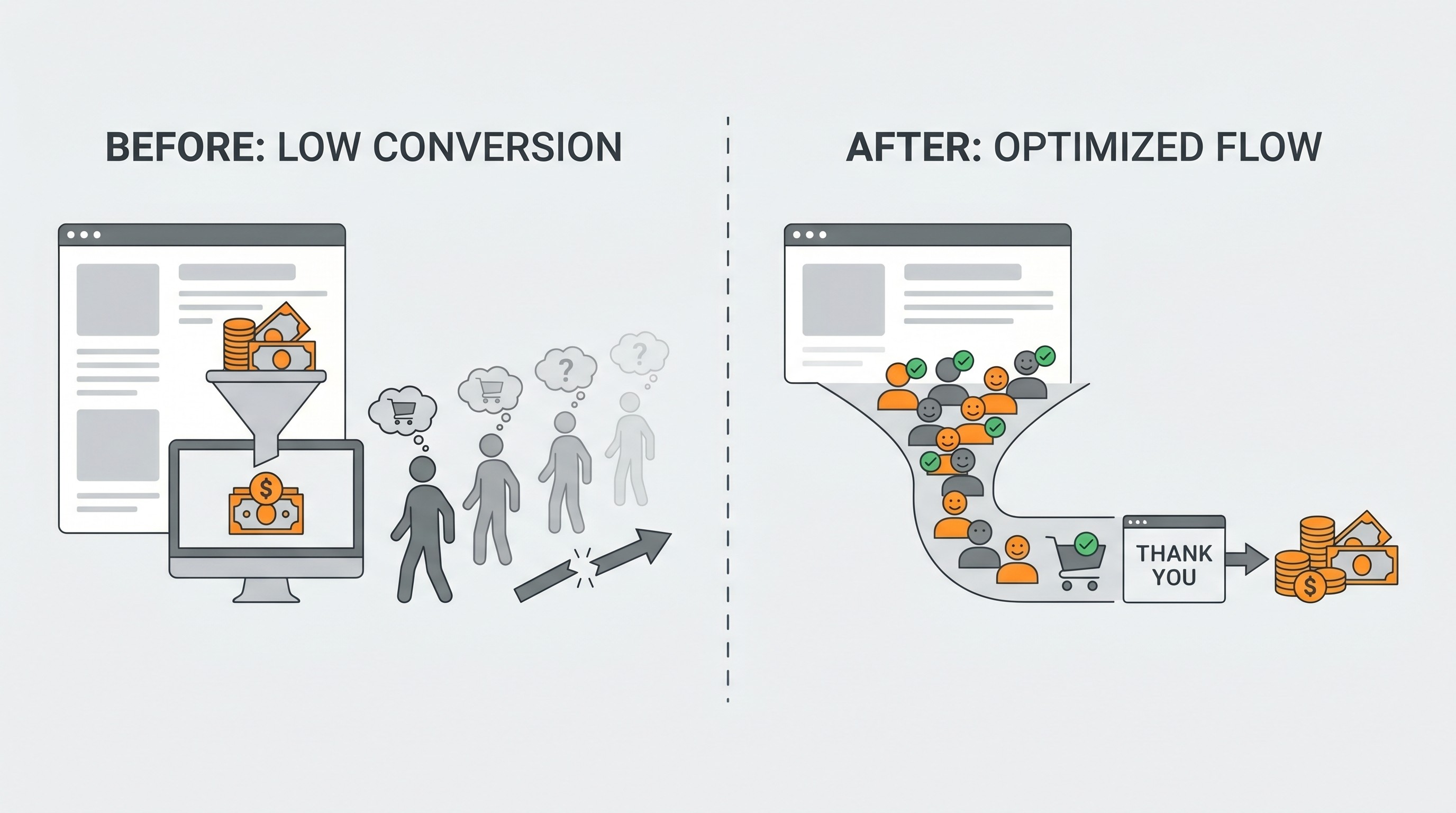 Illustration comparing two scenarios: visitors leaving a website without converting versus visitors completing actions after CRO optimization.