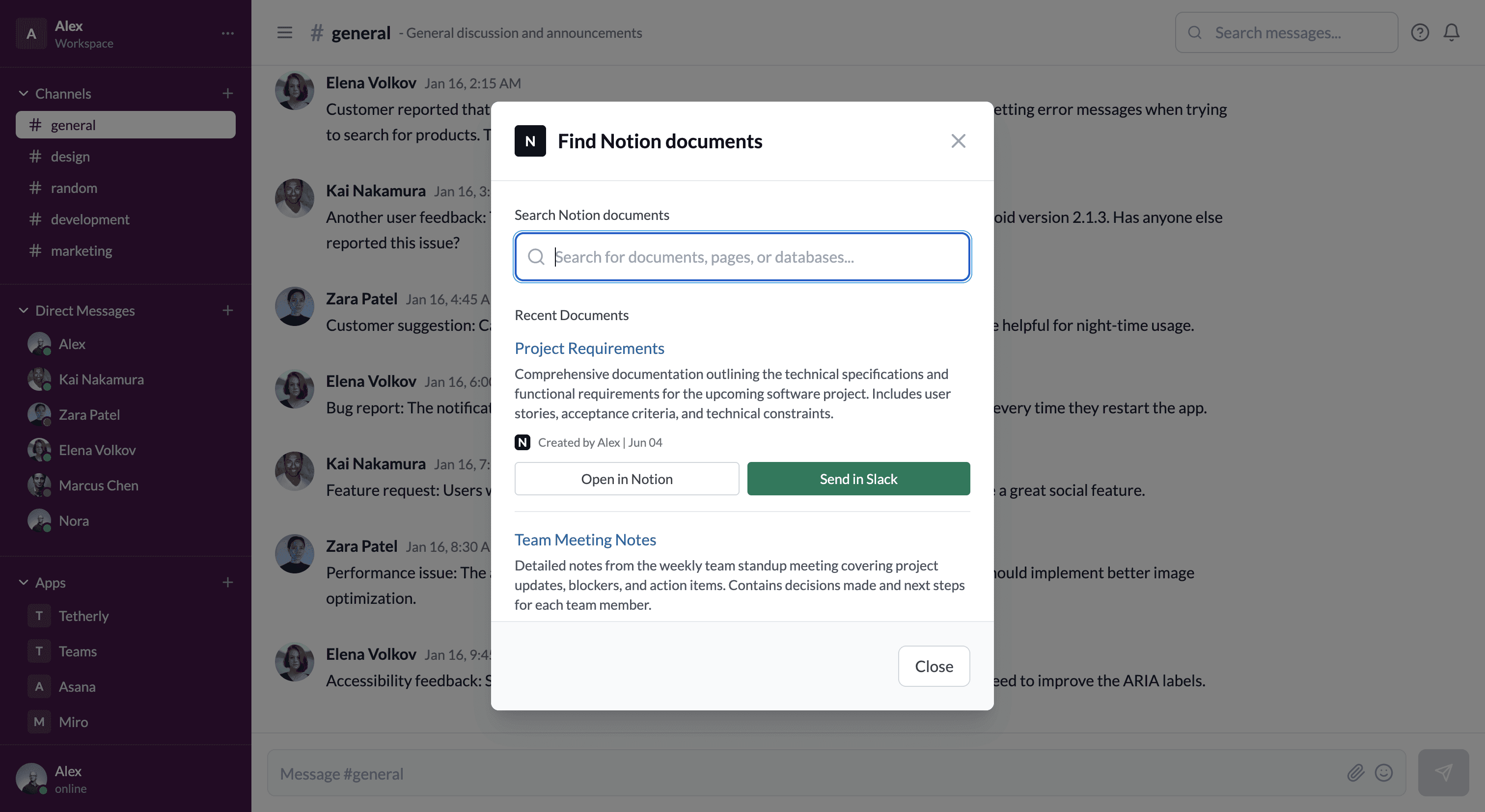 Searching for notion pages and databases within Slack 